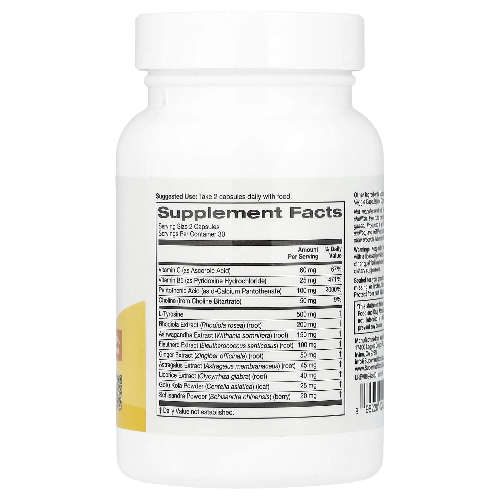 Adrenal Support with L-Tyrosine & Herbal Extracts - 60 Veggie Capsules - Image 2