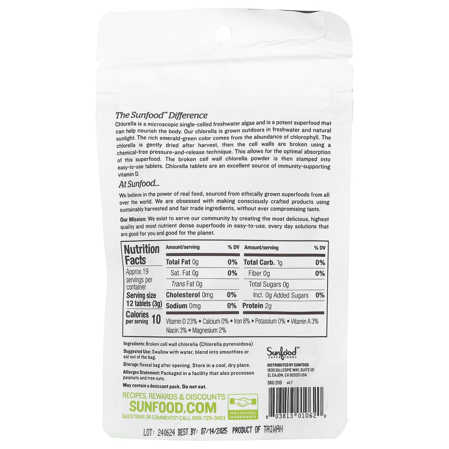 Sunfood, Broken Cell Wall Chlorella Tablets, 250 mg, Approx. 228 Tablets, 2 oz (57 g) - Image 2
