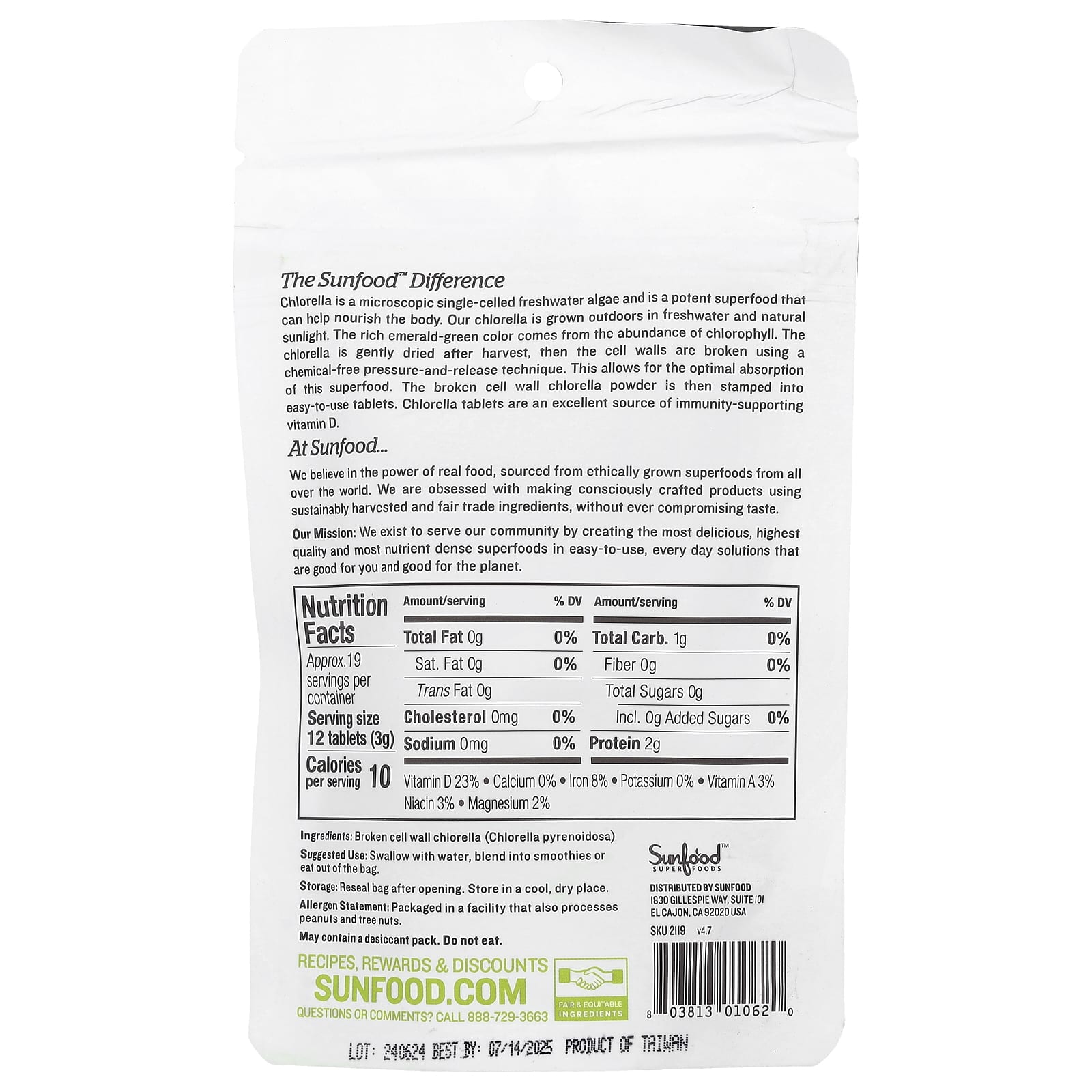 Sunfood, Broken Cell Wall Chlorella Tablets, 250 mg, Approx. 228 Tablets, 2 oz (57 g) - Image 2