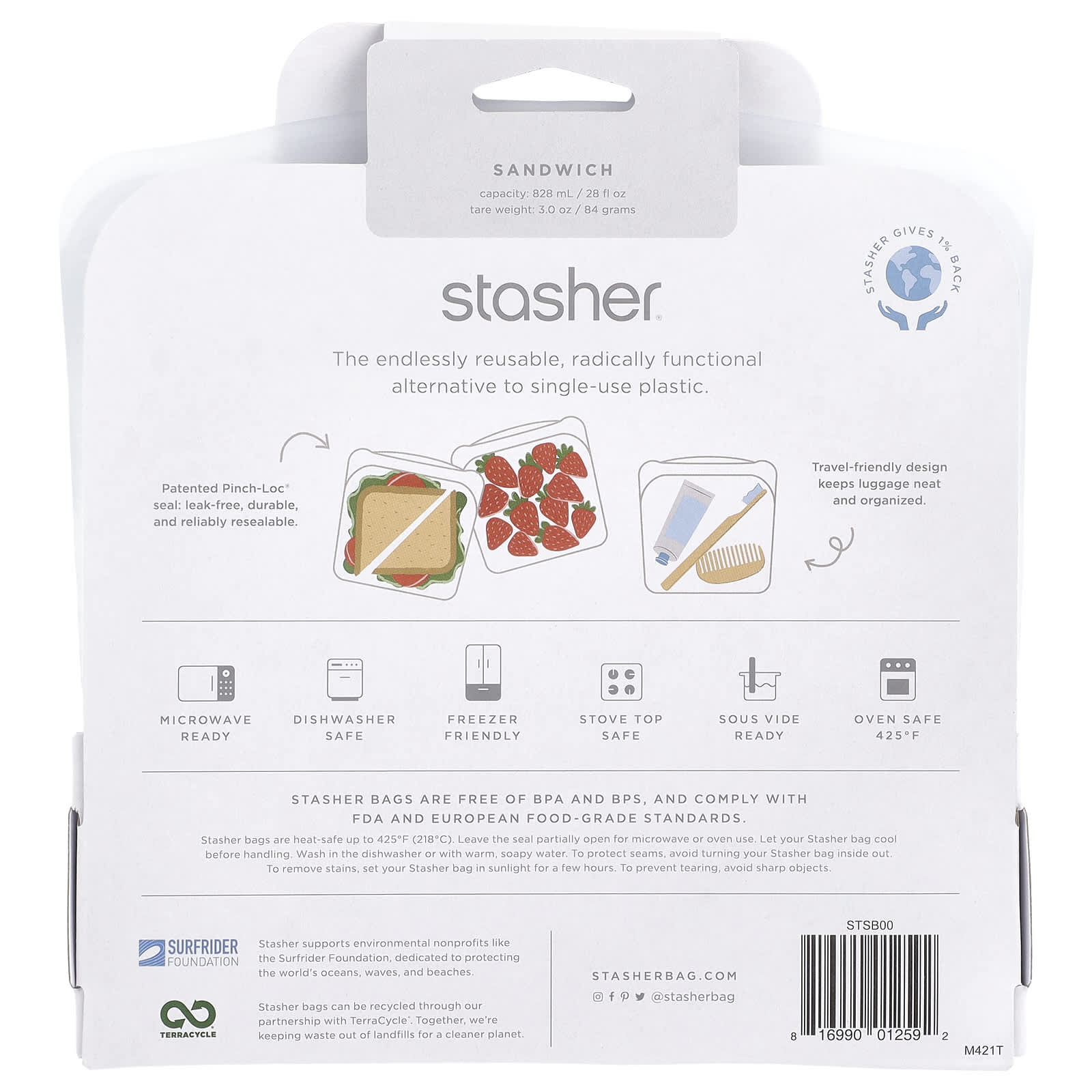 Stasher, Reusable Storage Bag, Sandwich Size, Clear, 28 fl oz (828 ml) - Image 2