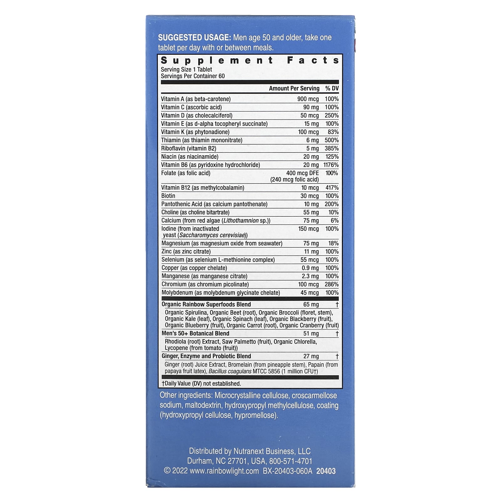 Rainbow Light, Men's One 50+ Daily Multivitamin, High Potency, 60 Vegetarian Tablets - Image 2