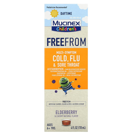 Mucinex, Children's, FreeFrom Multi-Symptom Cold, Flu & Sore Throat, Daytime, Ages 6+ Yrs, Elderberry and Cherry, 4 fl oz (118 ml) - Image 1