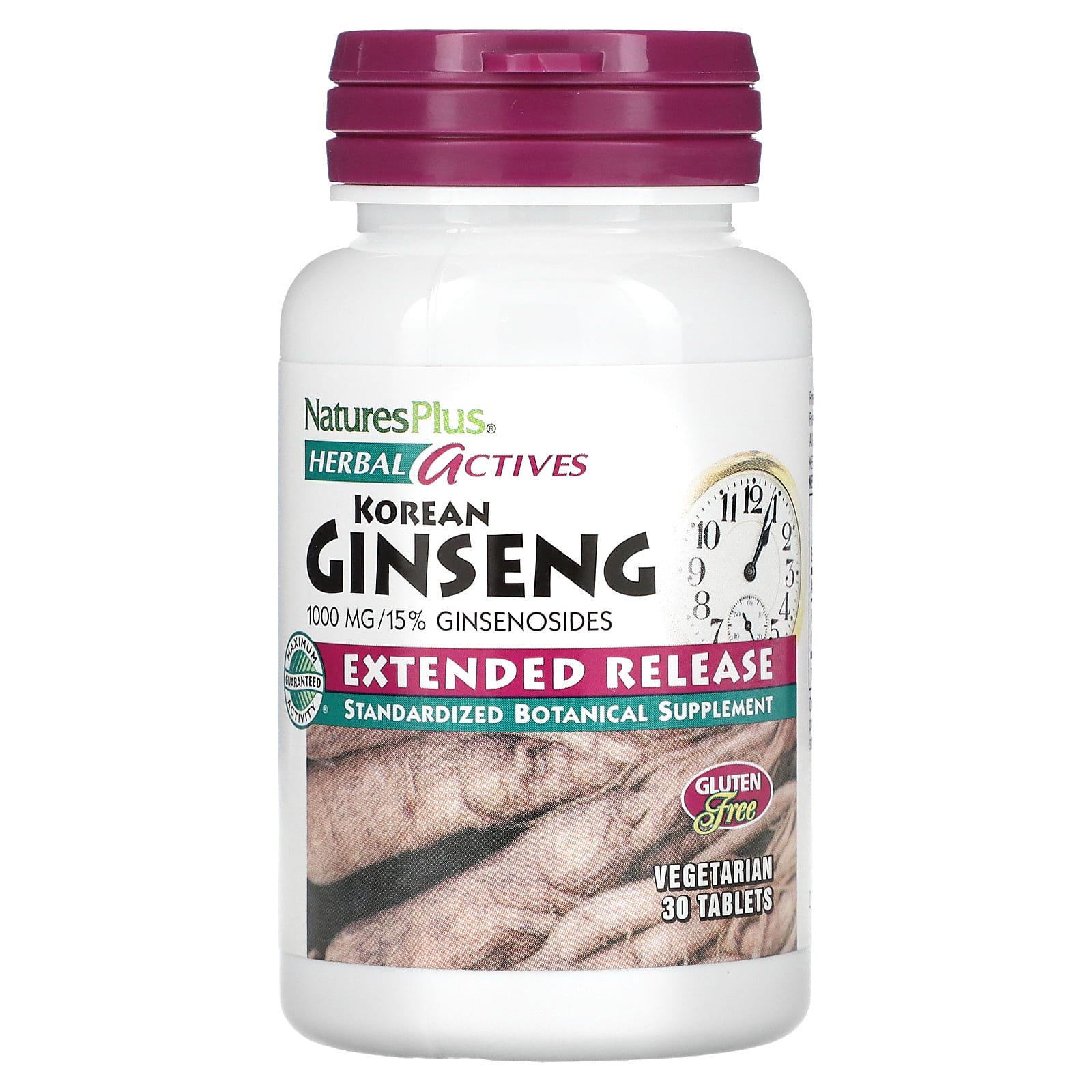 NaturesPlus, Herbal Actives, Korean Ginseng, Extended Release, 1,000 mg, 30 Vegetarian Tablets - Image 1