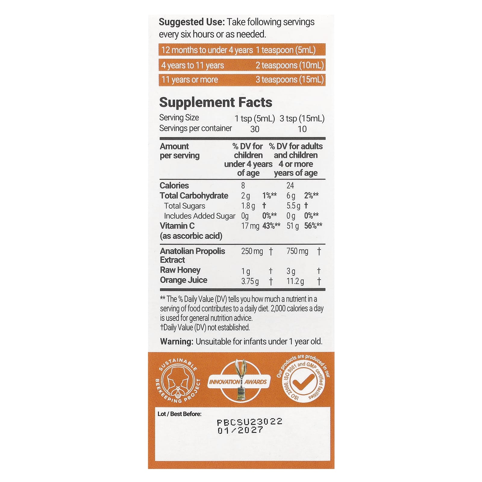 Bee&You, Propolis Raw Honey Vit C Syrup, 5 fl oz (150 ml)