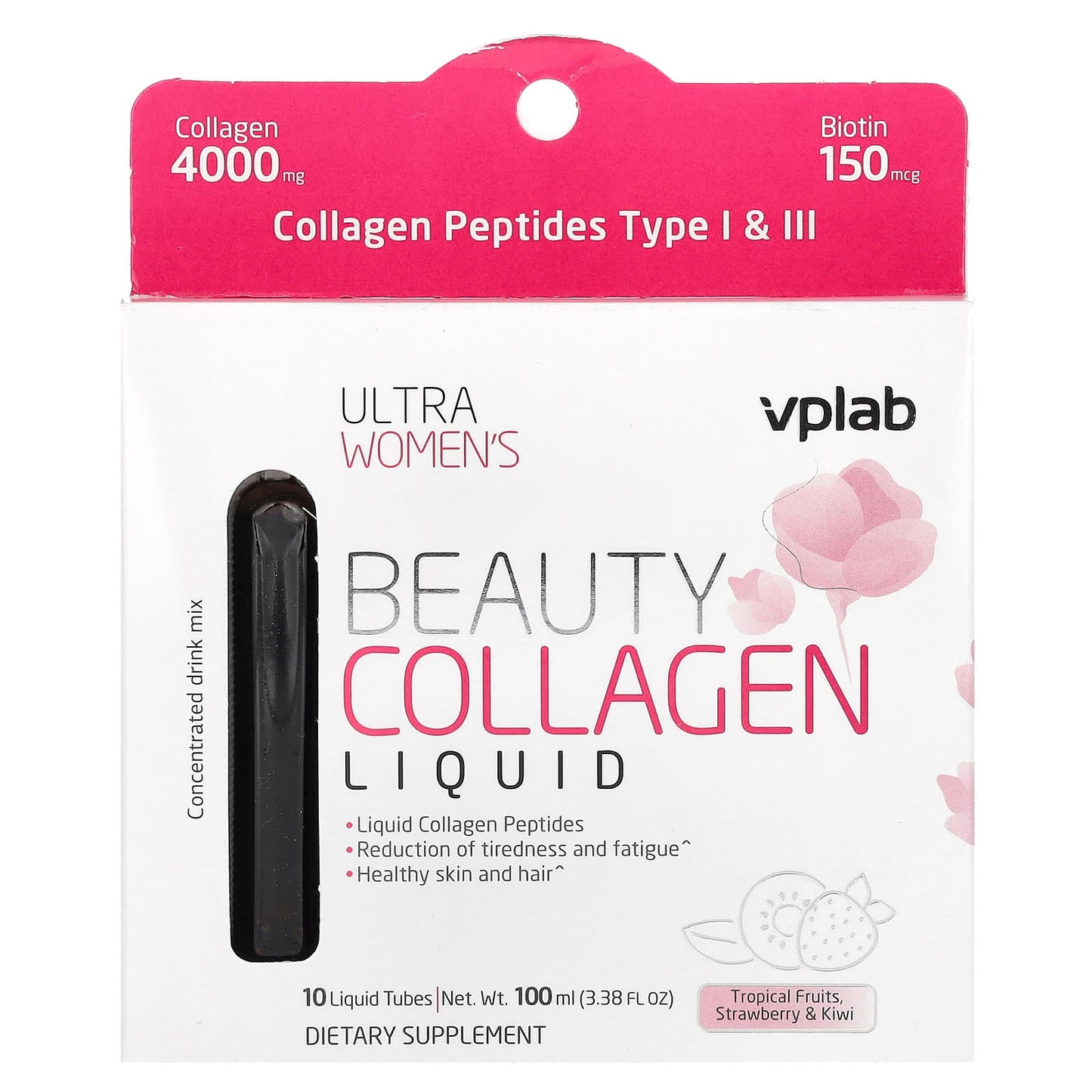 Vplab, Ultra Women's Beauty Collagen Liquid, Tropical Fruits, Strawberry & Kiwi, 10 Liquid Tubes, 3.38 fl oz (100 ml) - Image 1