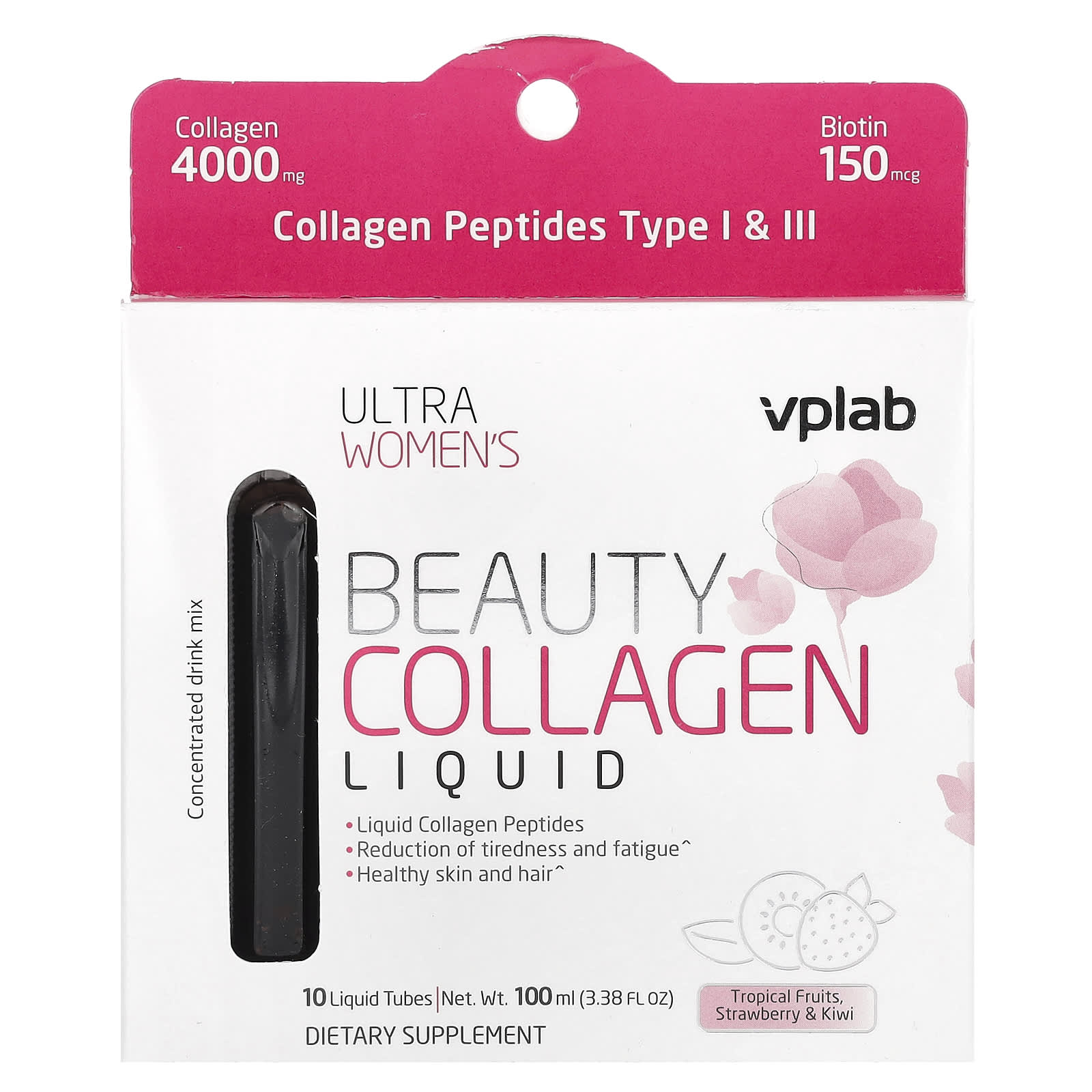 Vplab, Ultra Women's Beauty Collagen Liquid, Tropical Fruits, Strawberry & Kiwi, 10 Liquid Tubes, 3.38 fl oz (100 ml) - Image 1