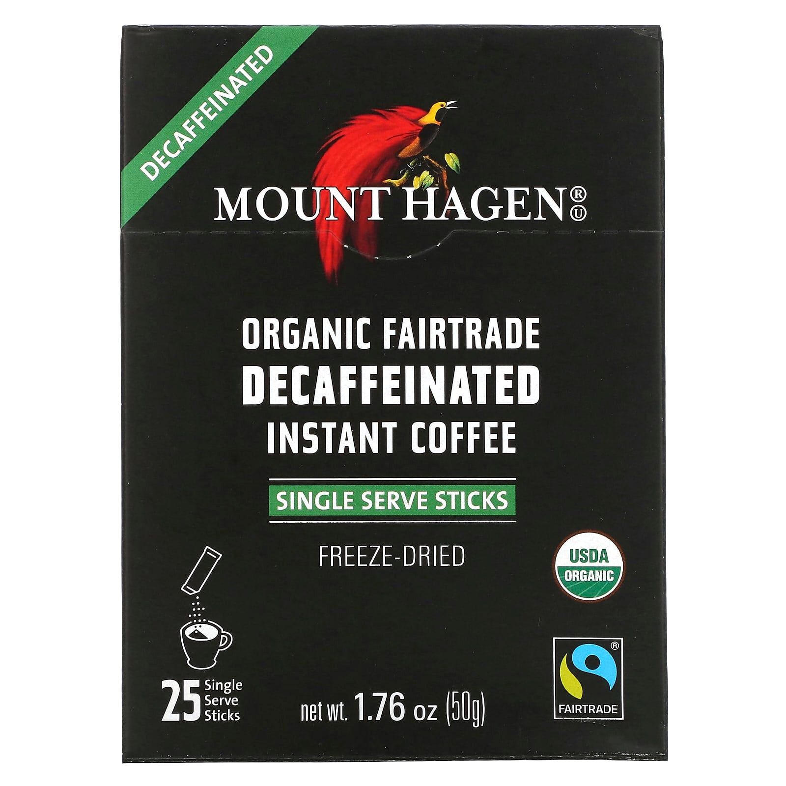Mount Hagen, Organic Fairtrade Instant Coffee, Decaffeinated, 25 Single Serve Sticks, 1.76 oz (50 g) - Image 1