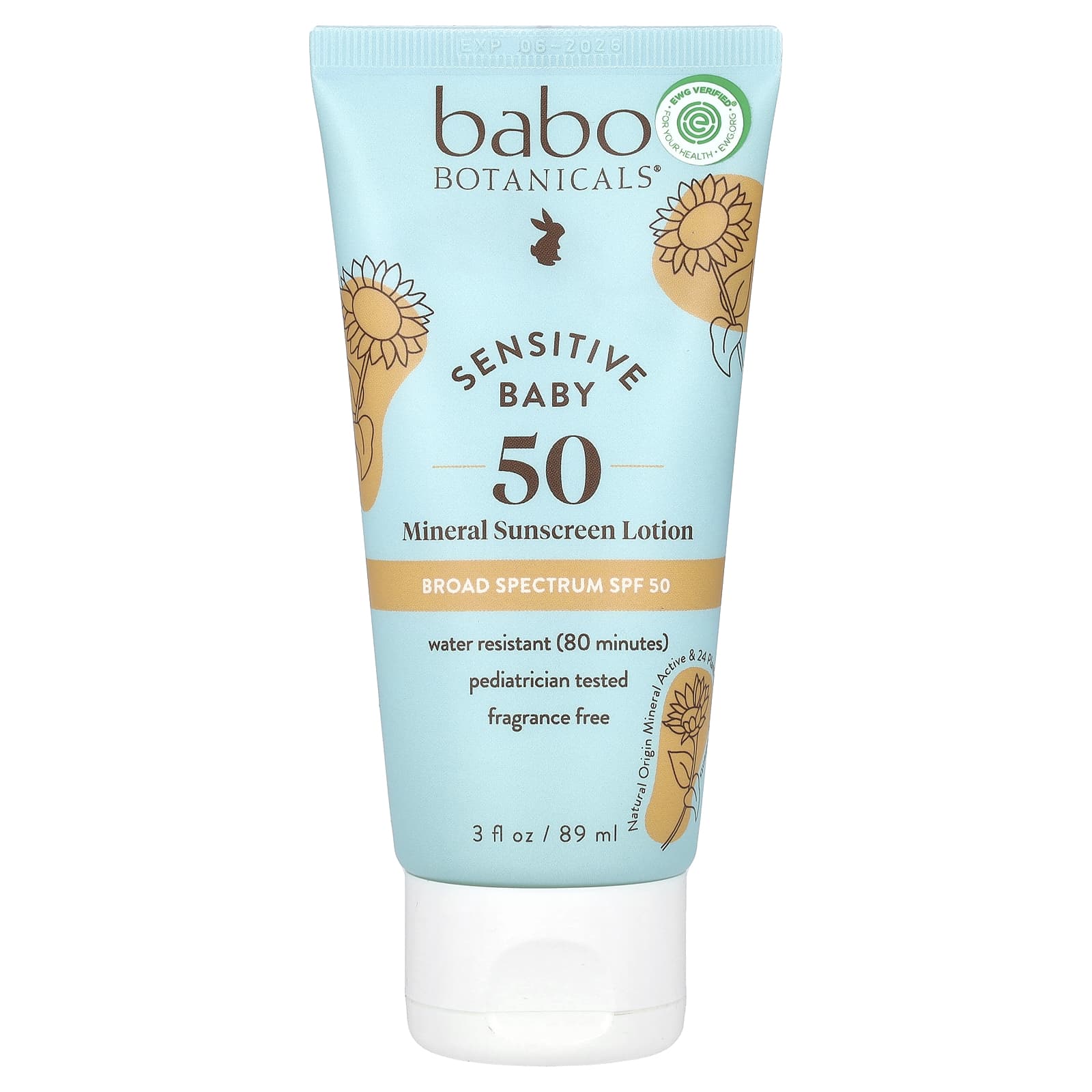 Babo Botanicals Sensitive Baby Mineral Sunscreen Lotion, SPF 50, Fragrance Free, 3 fl oz - Image 1