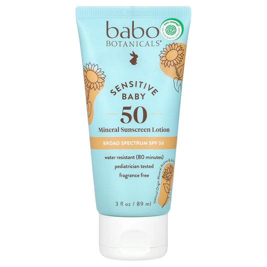 Babo Botanicals Sensitive Baby Mineral Sunscreen Lotion, SPF 50, Fragrance Free, 3 fl oz - Image 1