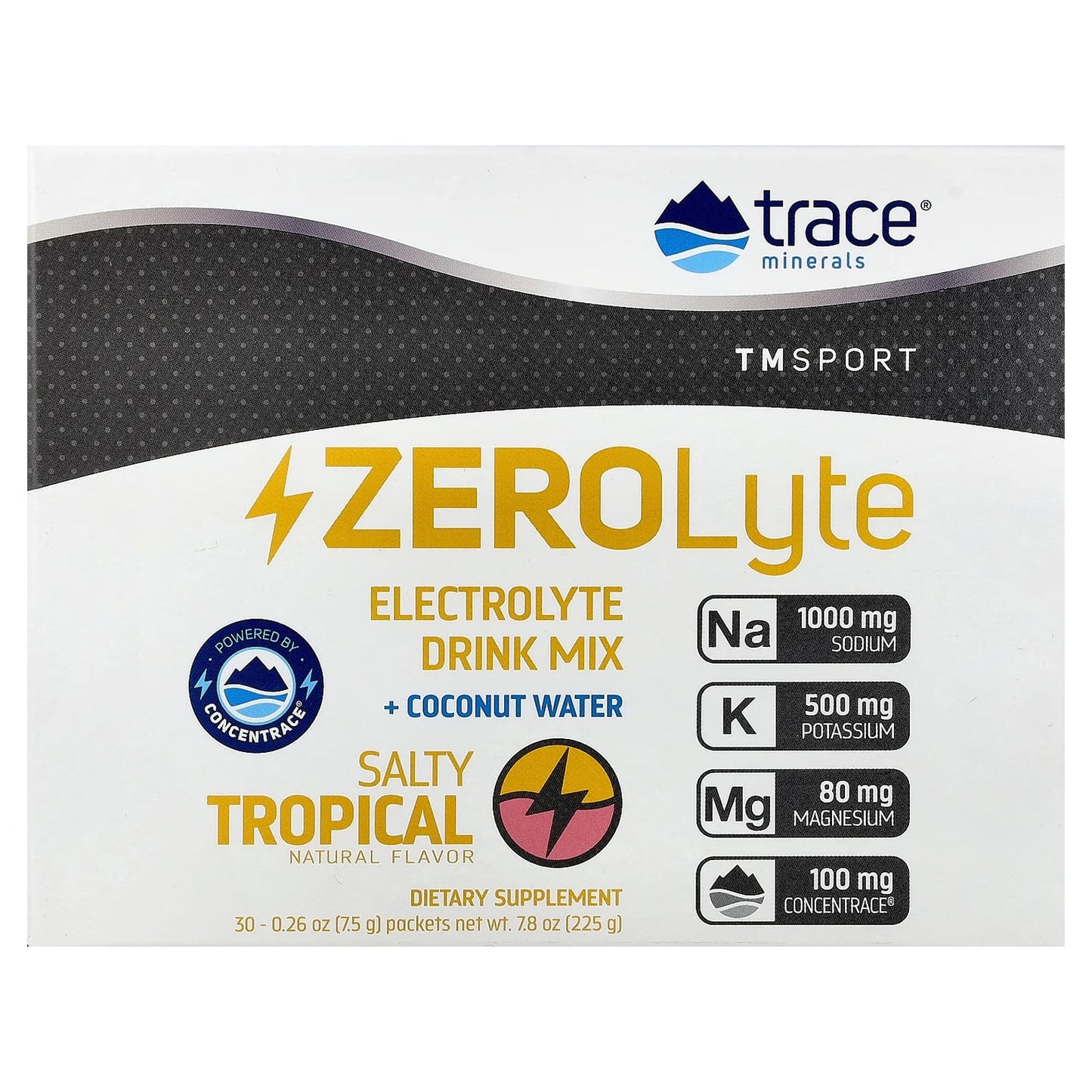 Trace, TM Sport, ZEROLyte, Electrolyte Drink Mix + Coconut Water,  Salty Tropical, 30 Packets,  0.26 oz (7.5 g) Each - Image 1