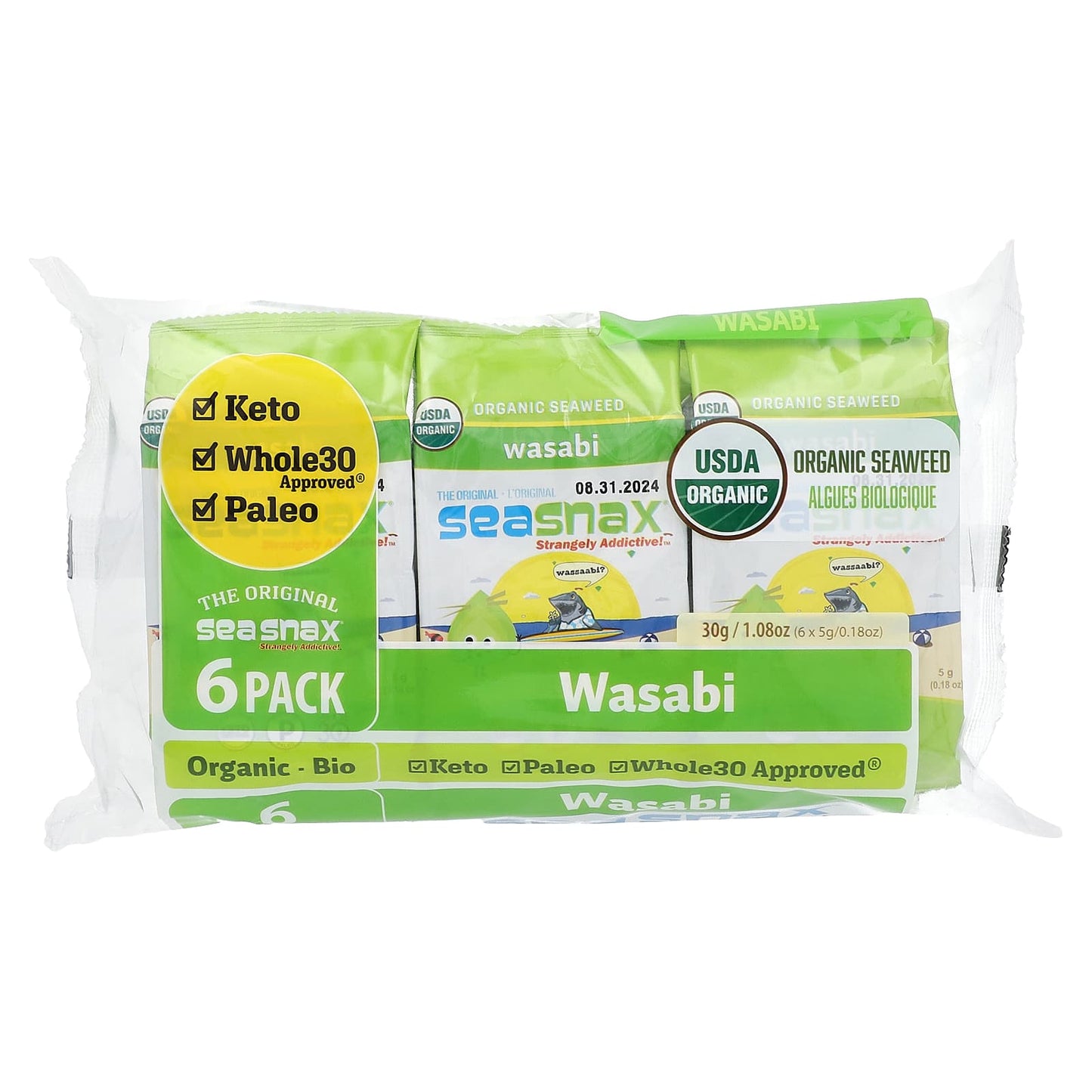 SeaSnax, Organic Seaweed, Wasabi, 6 Pack, 0.18 oz (5 g) Each - Image 1