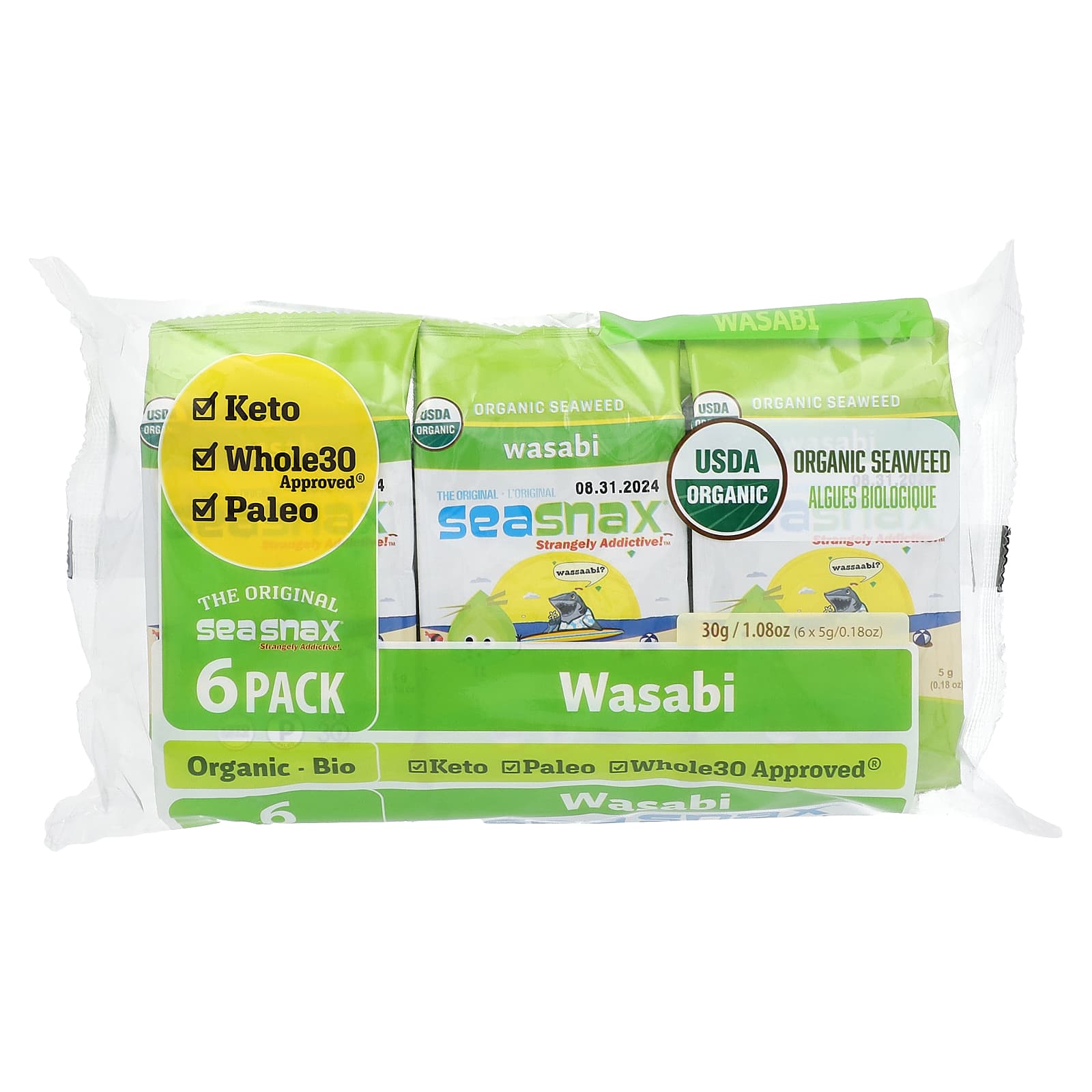 SeaSnax, Organic Seaweed, Wasabi, 6 Pack, 0.18 oz (5 g) Each - Image 1
