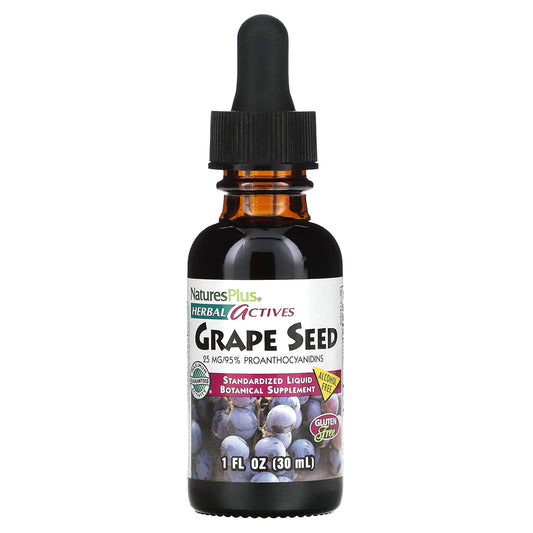 NaturesPlus, Herbal Actives, Grape Seed, Alcohol Free, 25 mg, 1 fl oz (30 ml) - Image 1