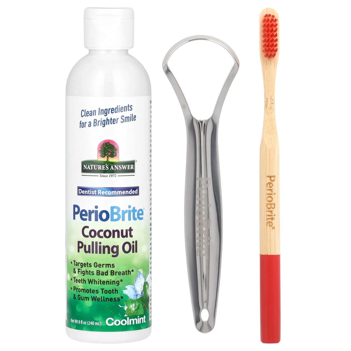 Nature's Answer, PerioBrite Coconut Pulling Oil with Toothbrush & Tongue Scraper, Coolmint, 8 fl oz (240 ml) - Image 1