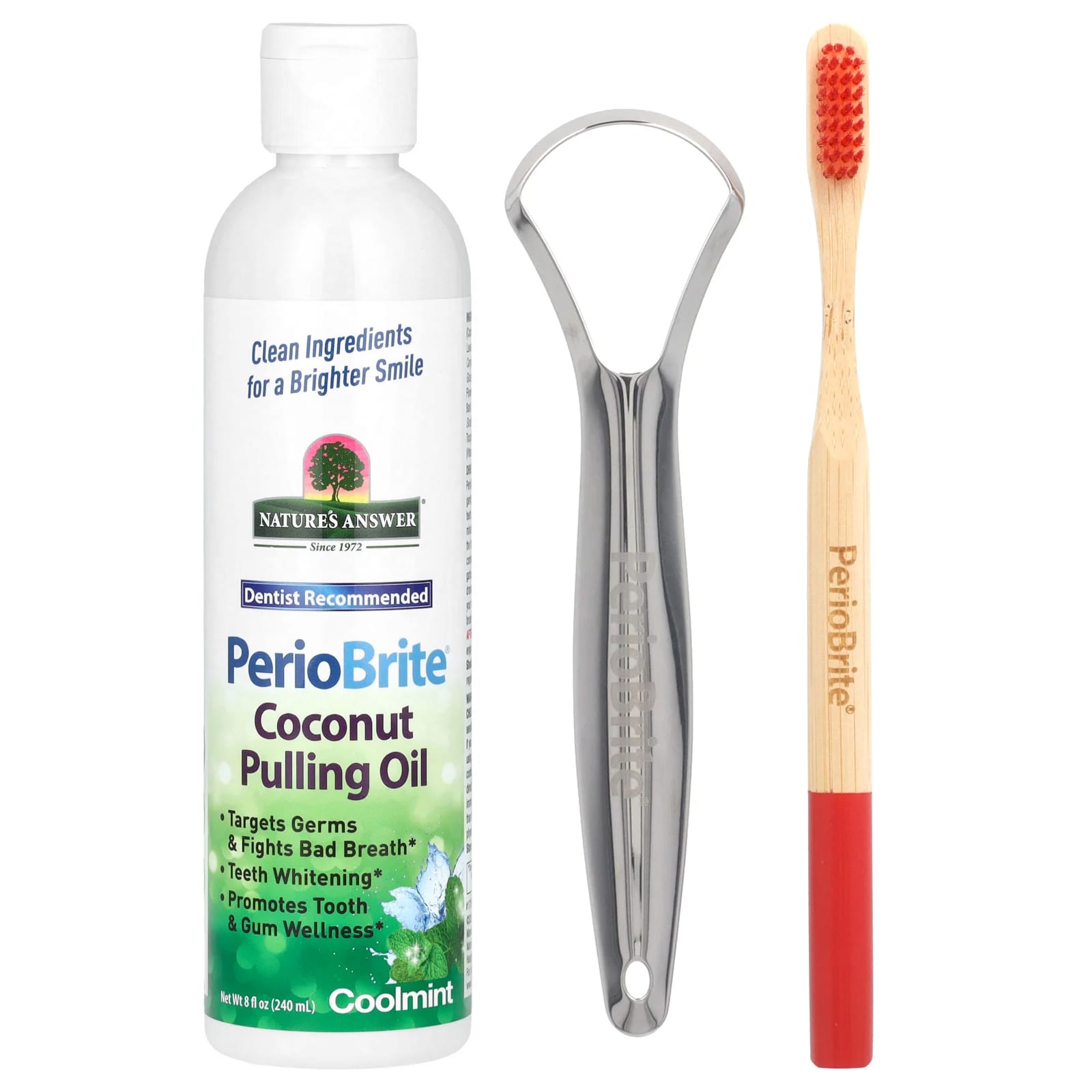 Nature's Answer, PerioBrite Coconut Pulling Oil with Toothbrush & Tongue Scraper, Coolmint, 8 fl oz (240 ml) - Image 1