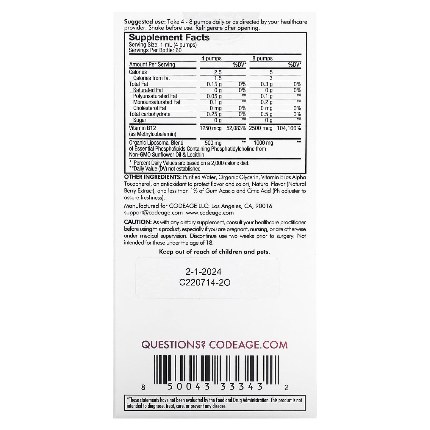 Codeage Liposomal Vitamin B12 Supplement for Energy &amp; Mood - 2 fl oz - Image 2