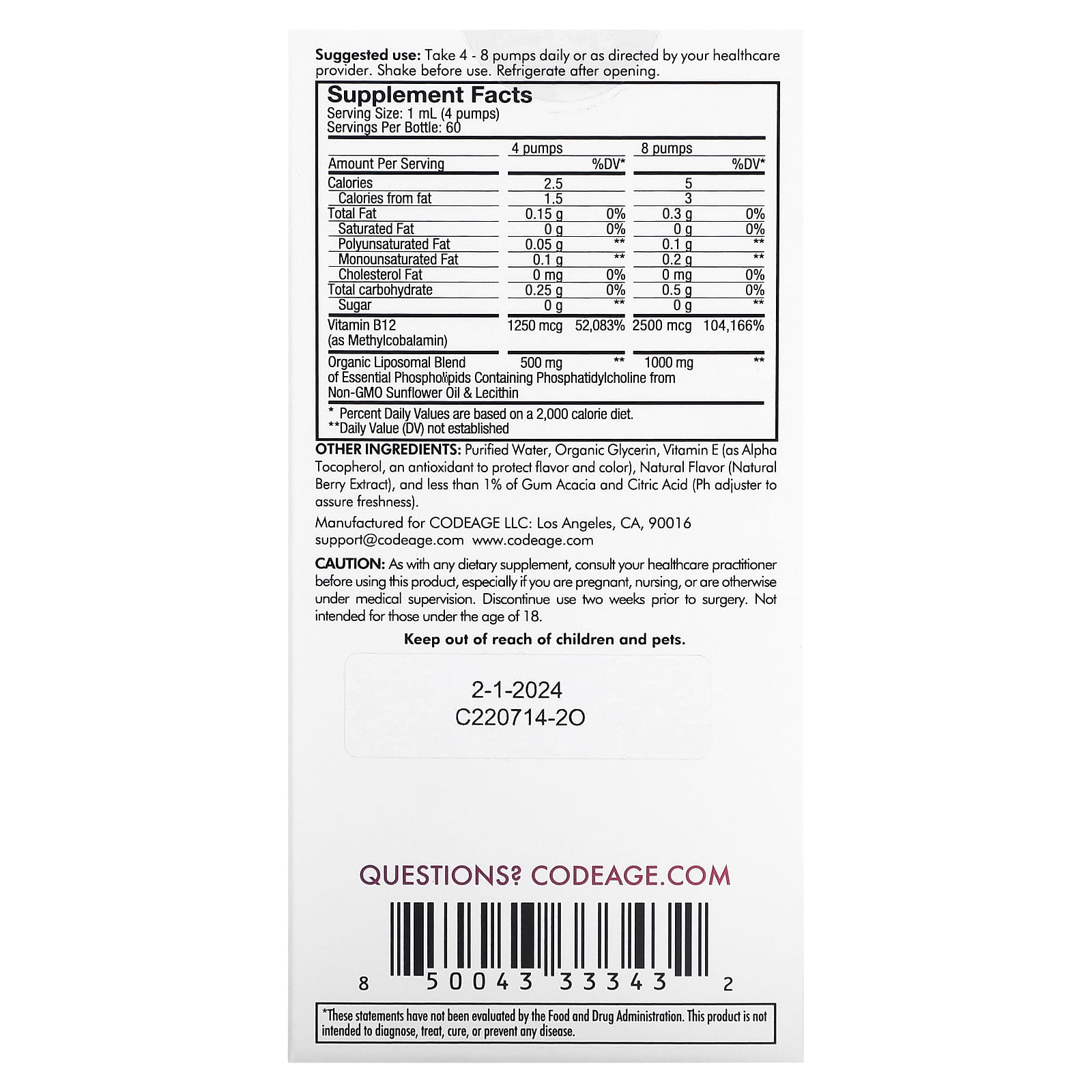 Codeage Liposomal Vitamin B12 Supplement for Energy &amp; Mood - 2 fl oz - Image 2