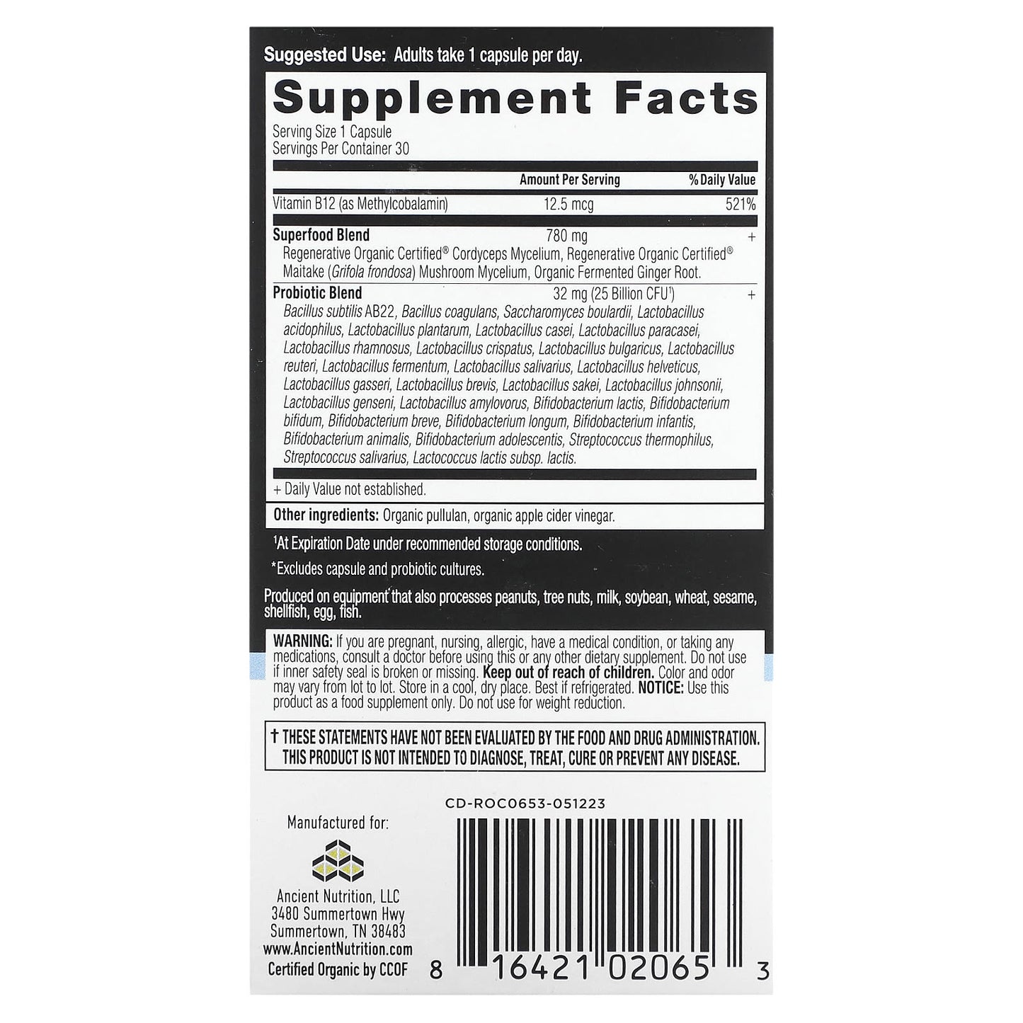 Ancient Nutrition Once Daily Probiotics 25 Billion CFU USDA Organic Capsules - Image 2