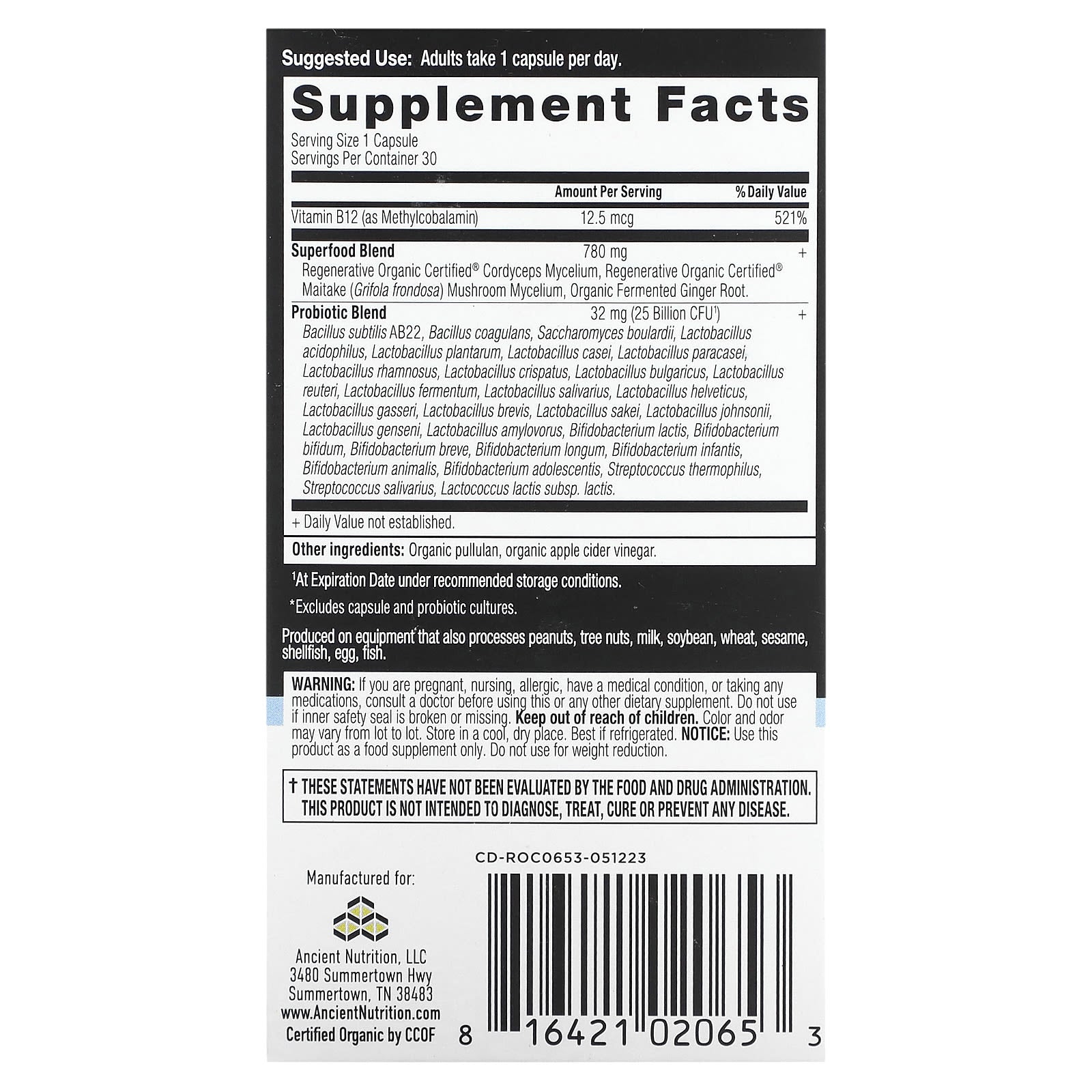 Ancient Nutrition Once Daily Probiotics 25 Billion CFU USDA Organic Capsules - Image 2