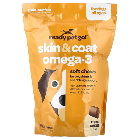 Ready Pet Go, Skin & Coat Omega-3, For Dogs, All Ages, Fish & Cheese, 90 Soft Chews, 12.7 oz (360 g) - Image 1