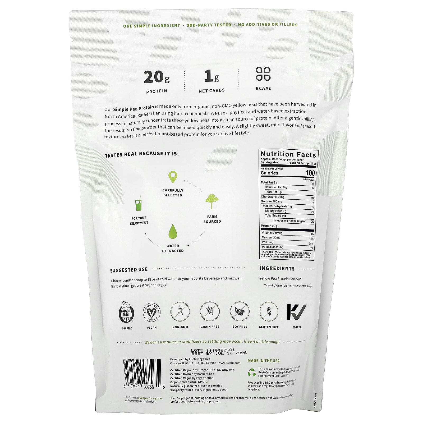 Sprout Living, Simple Pea Protein, 1 lb (454 g) - Image 2