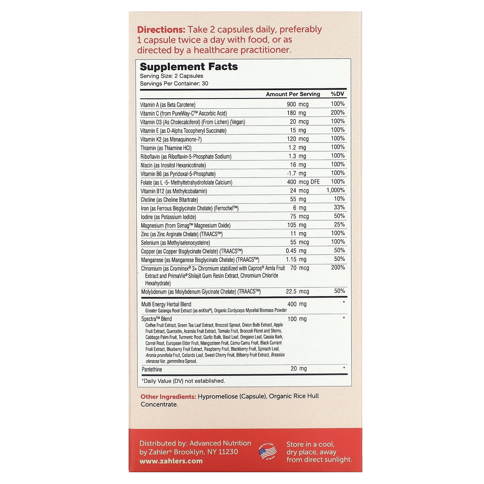 Zahler, Mutivitamin Energy, Daily Multi + Energy Boosting Support with enXtra & Cordyceps, 60 Capsules - Image 2