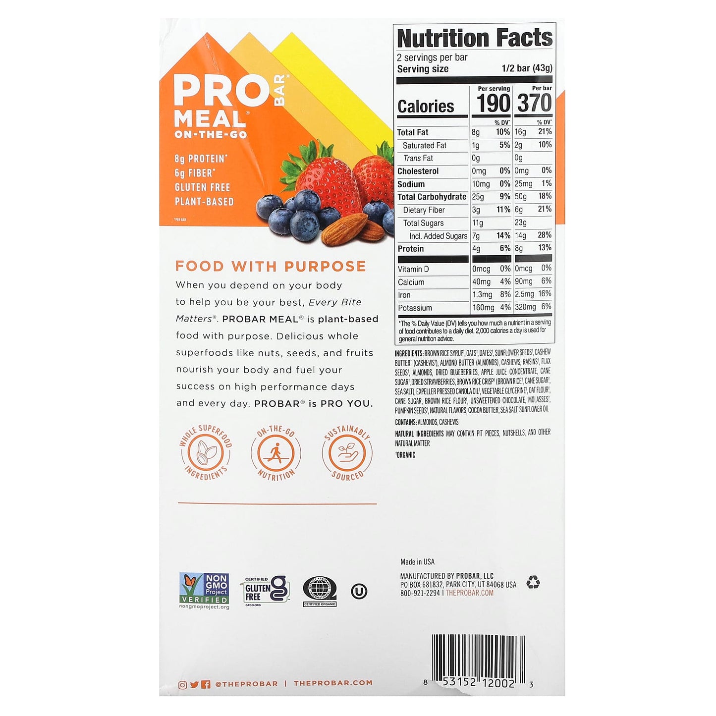 ProBar, Meal On-The-Go Bar, Wholeberry Blast, 12 Bars, 3 oz (85 g) Each - Image 2