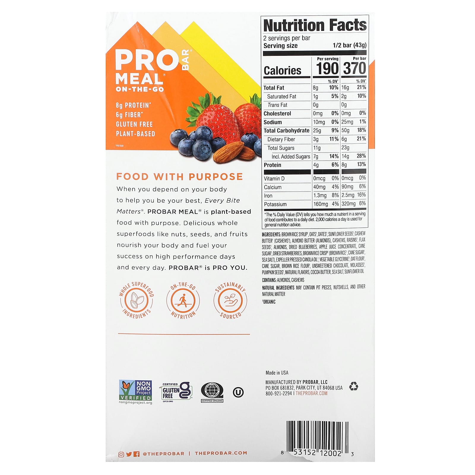 ProBar, Meal On-The-Go Bar, Wholeberry Blast, 12 Bars, 3 oz (85 g) Each - Image 2