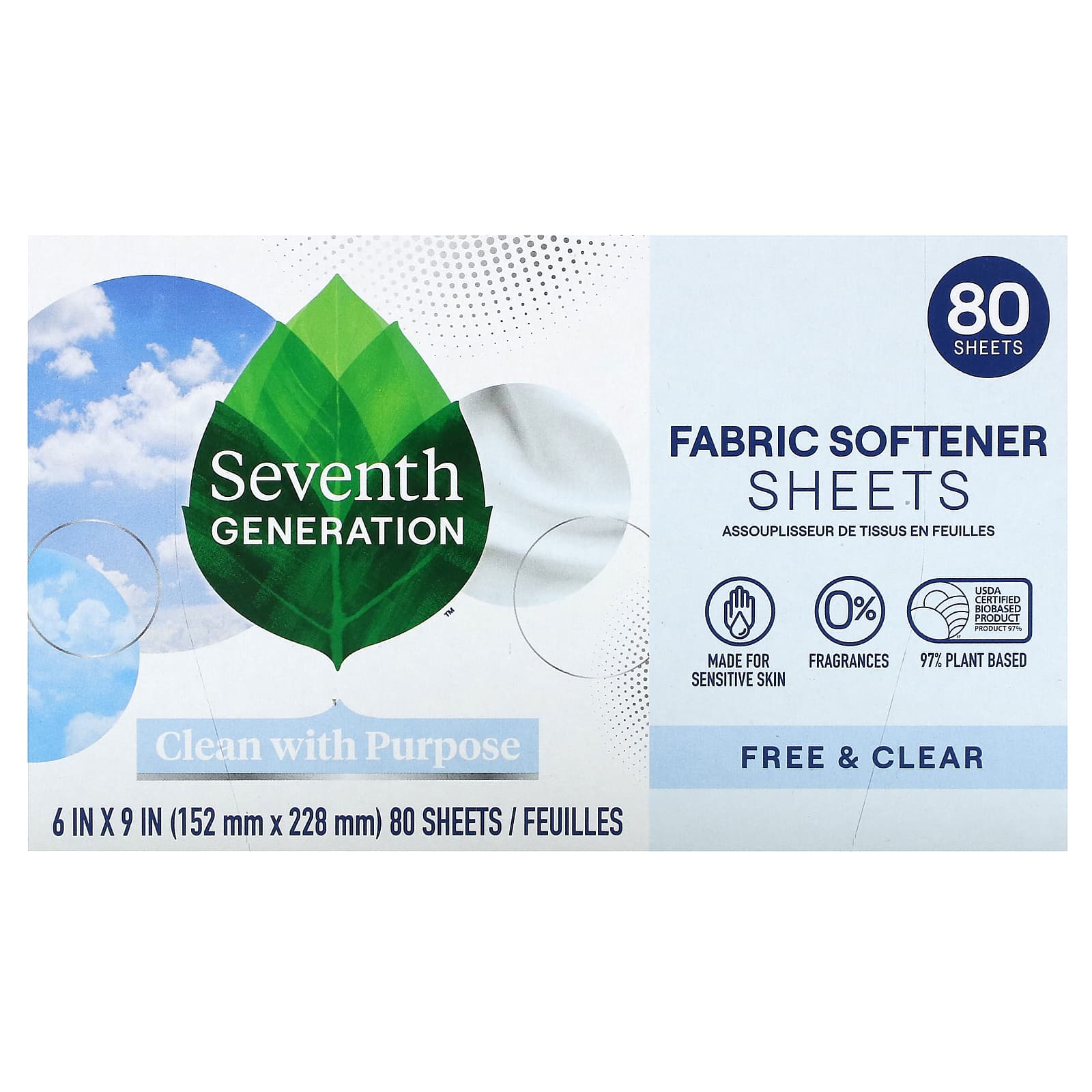Seventh Generation, Fabric Softener Sheets, Free & Clear, 80 Sheets - Image 1