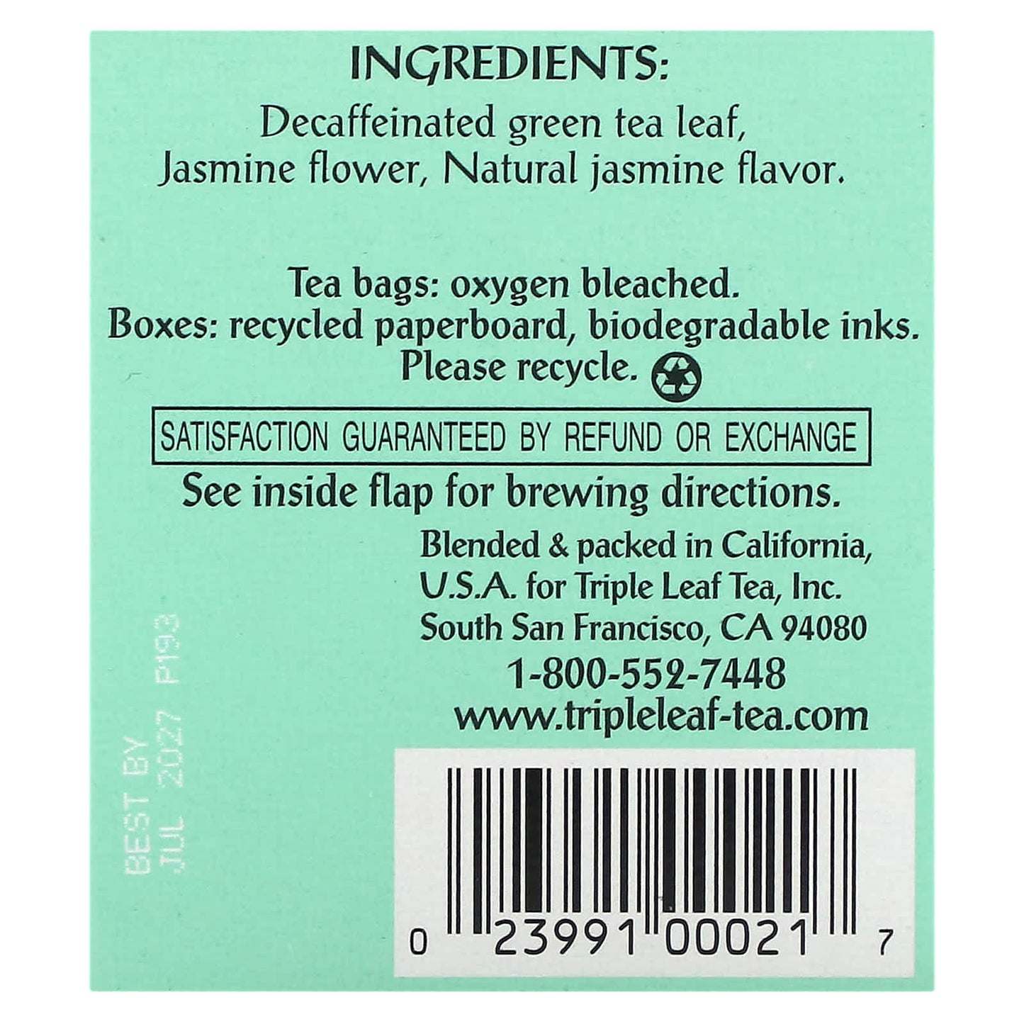 Triple Leaf Tea, Jasmine Decaf Green Tea, 20 Tea Bags, 1.34 oz (38 g) - Image 2
