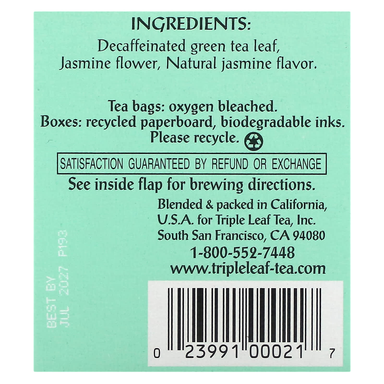 Triple Leaf Tea, Jasmine Decaf Green Tea, 20 Tea Bags, 1.34 oz (38 g) - Image 2