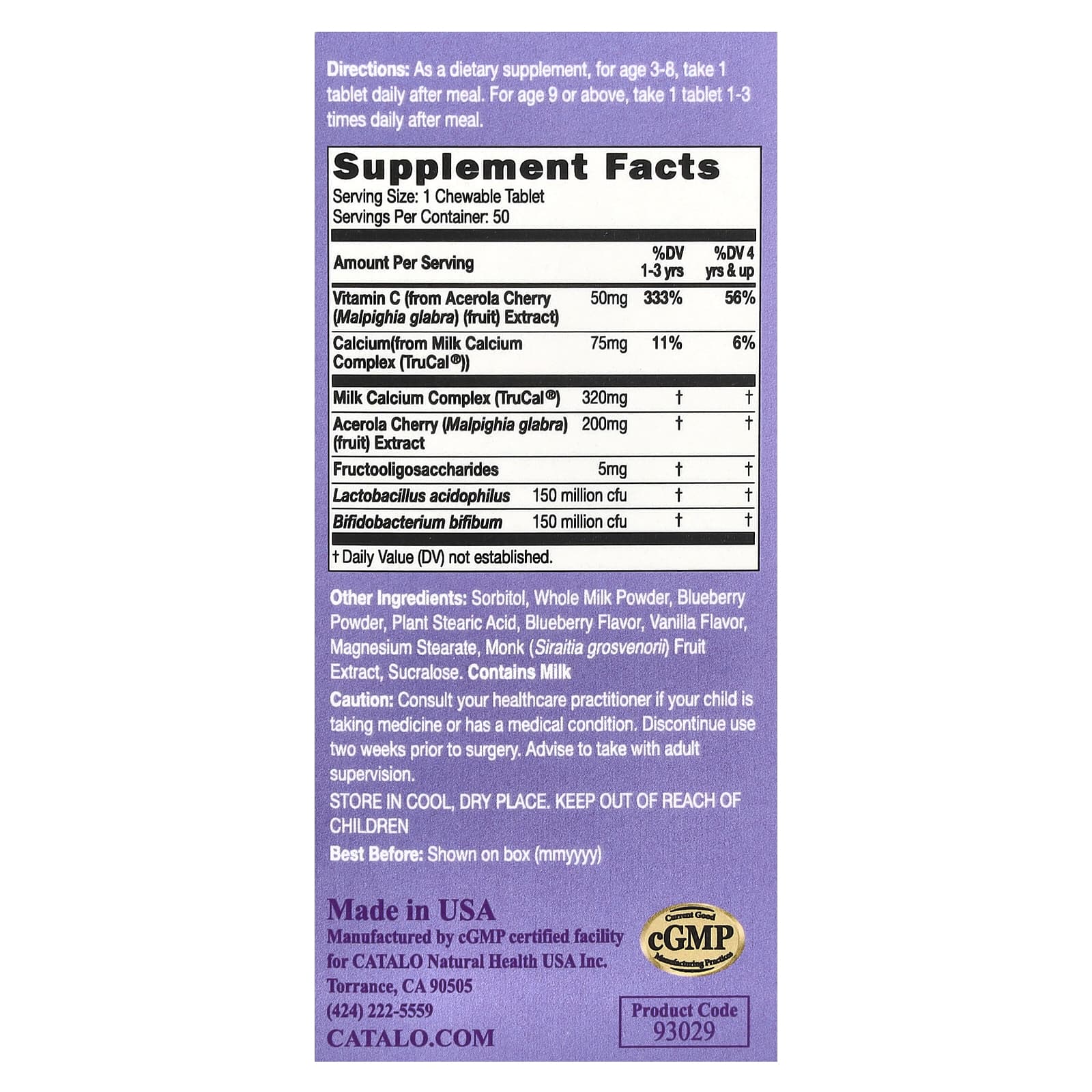 CATALO Children's Milk Calcium + Probiotics with Vitamin C - 50 Chewable Tablets - Image 2