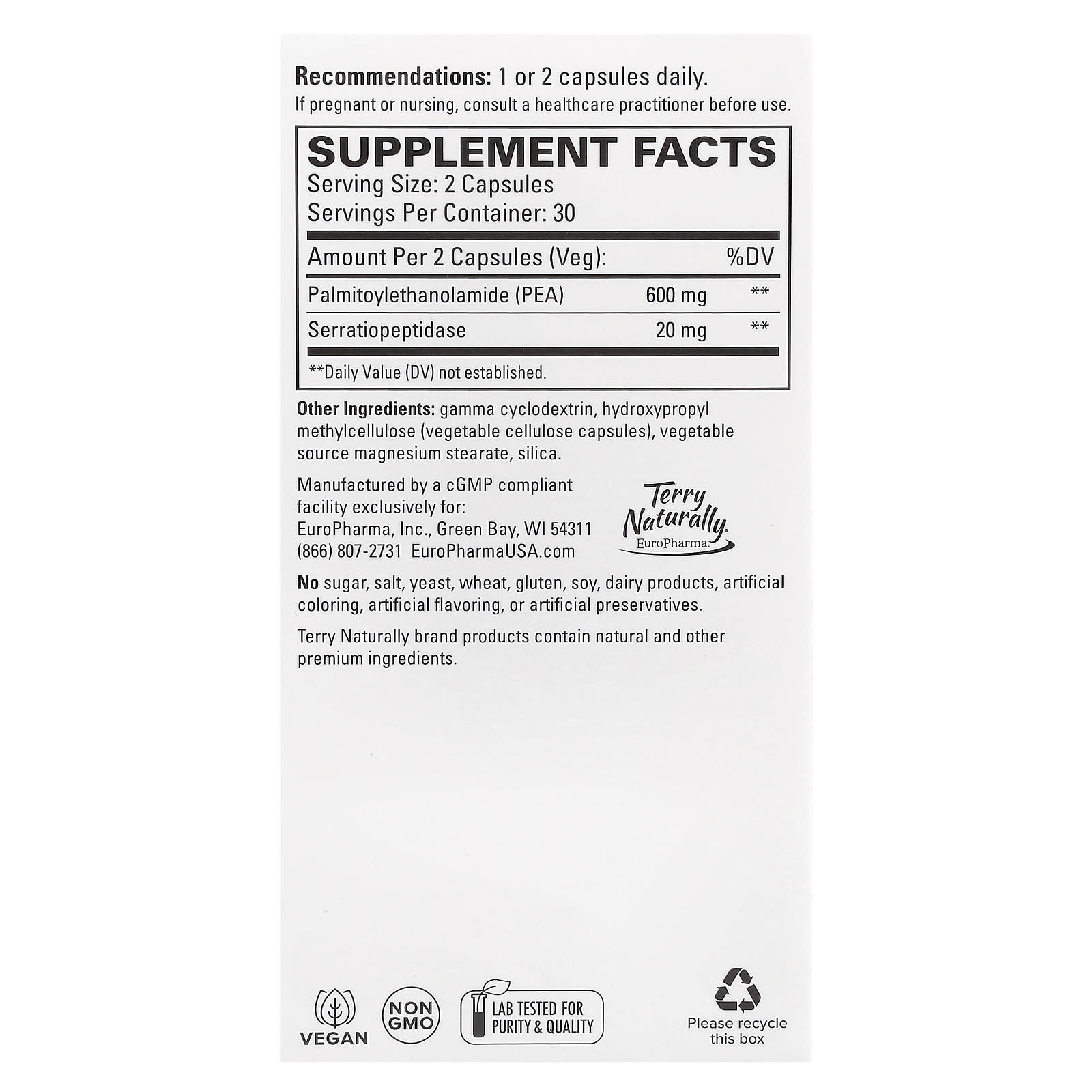 Terry Naturally, PEA Healthy Inflammation Response With Serratiopeptidase, 60 Capsules - Image 2