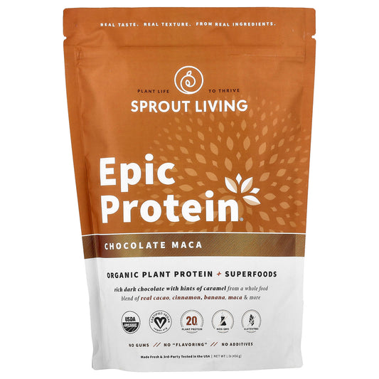 Sprout Living, Epic Protein®, Organic Plant Protein + Superfoods, Chocolate Maca, 1 lb (456 g) - Image 1