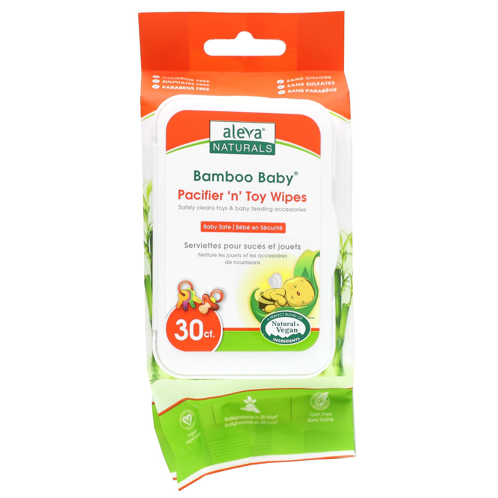 Natural Bamboo Baby Pacifier & Toy Wipes by Aleva Naturals, 30 Count - Image 1