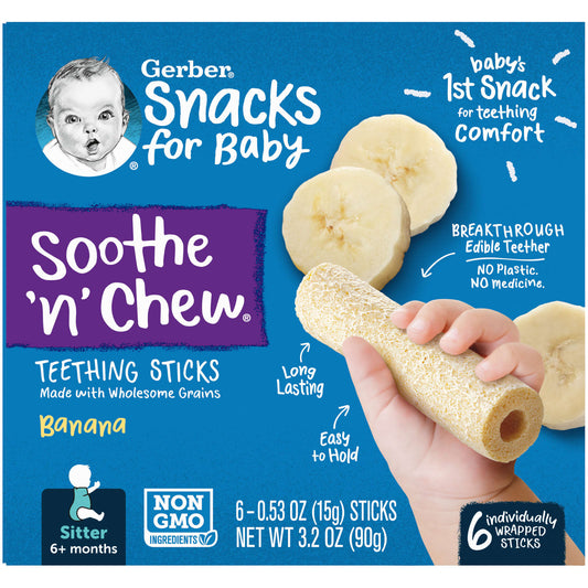 Gerber Soothe 'N' Chew Teething Sticks, Banana, for 6+ Months - Image 1