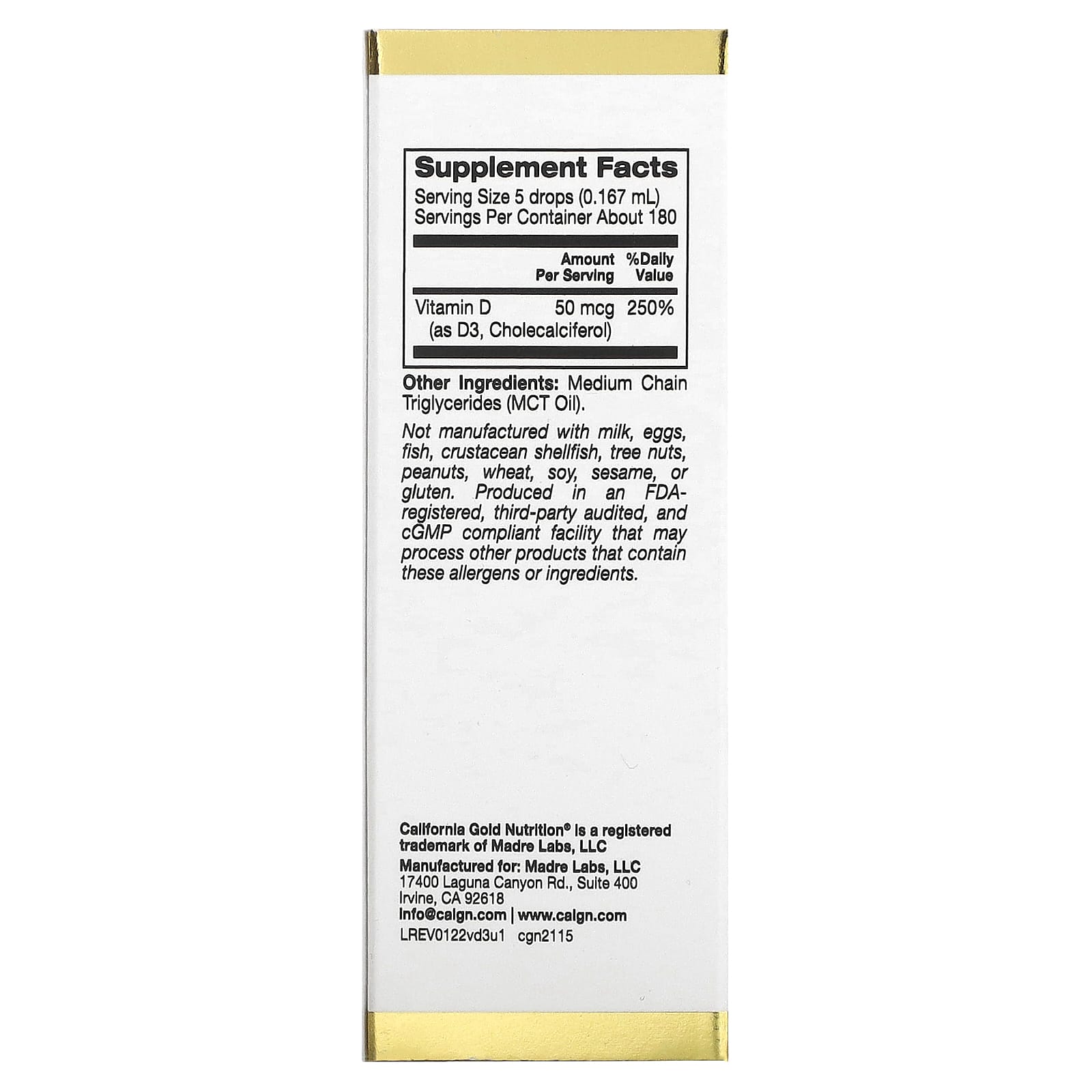 California Gold Nutrition Vitamin D3 Liquid Supplement 50mcg 2000 IU Unflavored 30ml - Image 2
