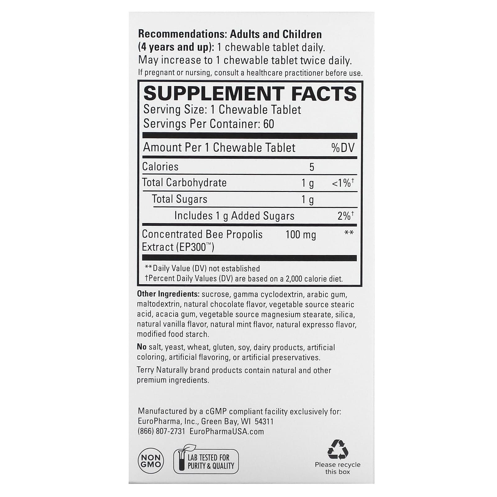 Terry Naturally, Propolis Extract EP 300, 60 Chewable Tablets (100 mg per Tablet) - Image 2