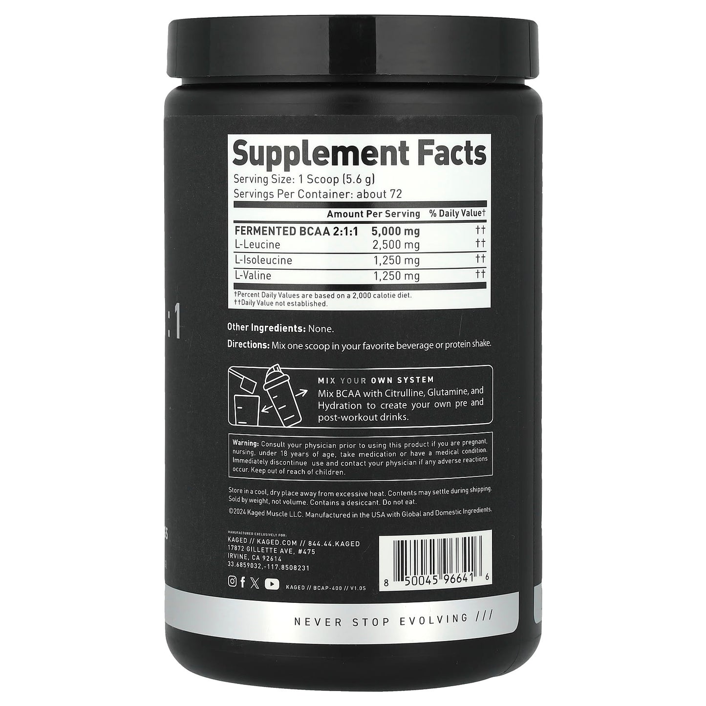 Kaged BCAA 2:1:1 Unflavored, 14.2 oz - Premium Muscle Recovery Supplement - Image 2