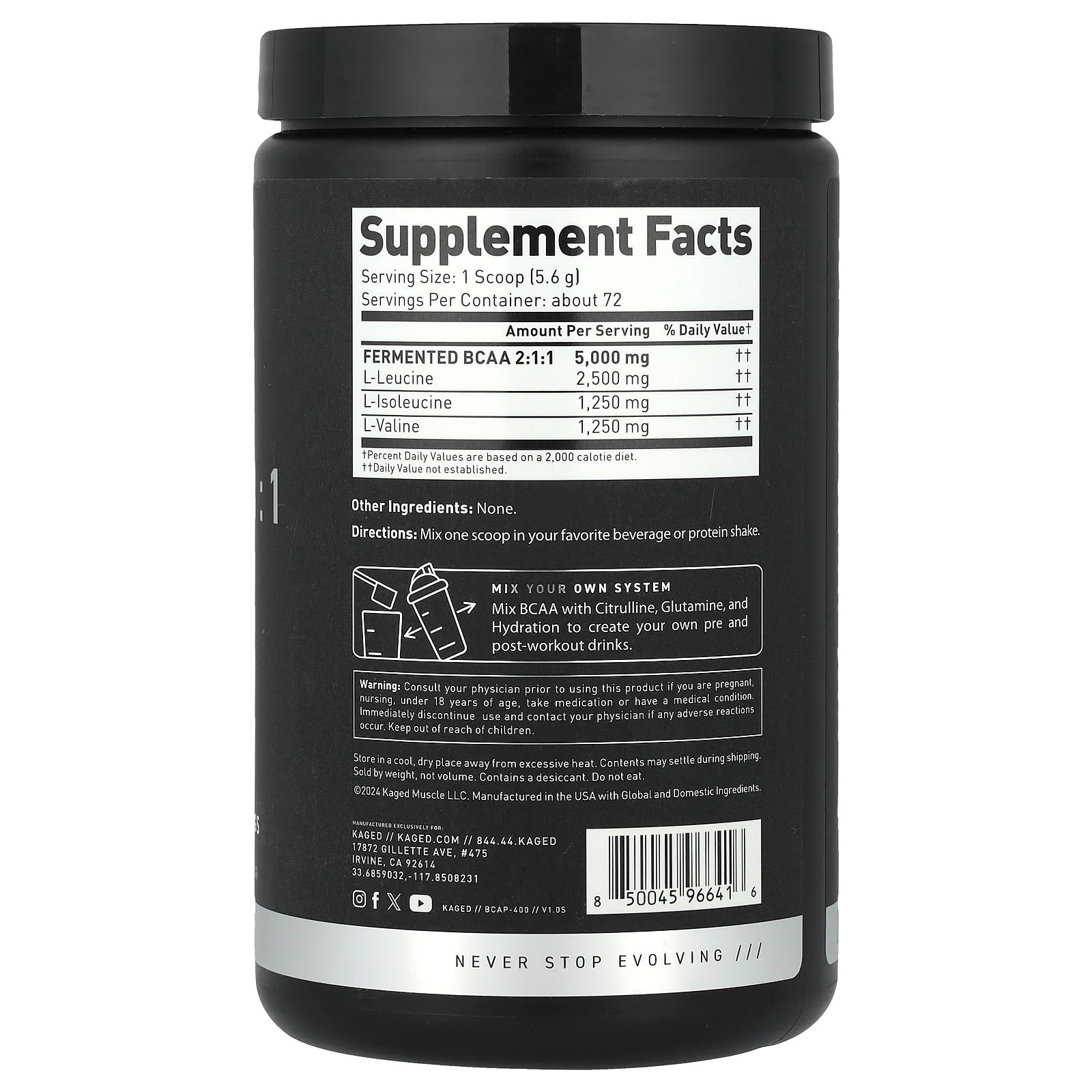 Kaged BCAA 2:1:1 Unflavored, 14.2 oz - Premium Muscle Recovery Supplement - Image 2
