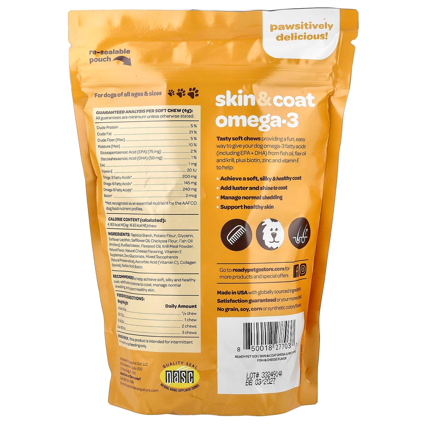 Ready Pet Go, Skin & Coat Omega-3, For Dogs, All Ages, Fish & Cheese, 90 Soft Chews, 12.7 oz (360 g) - Image 2
