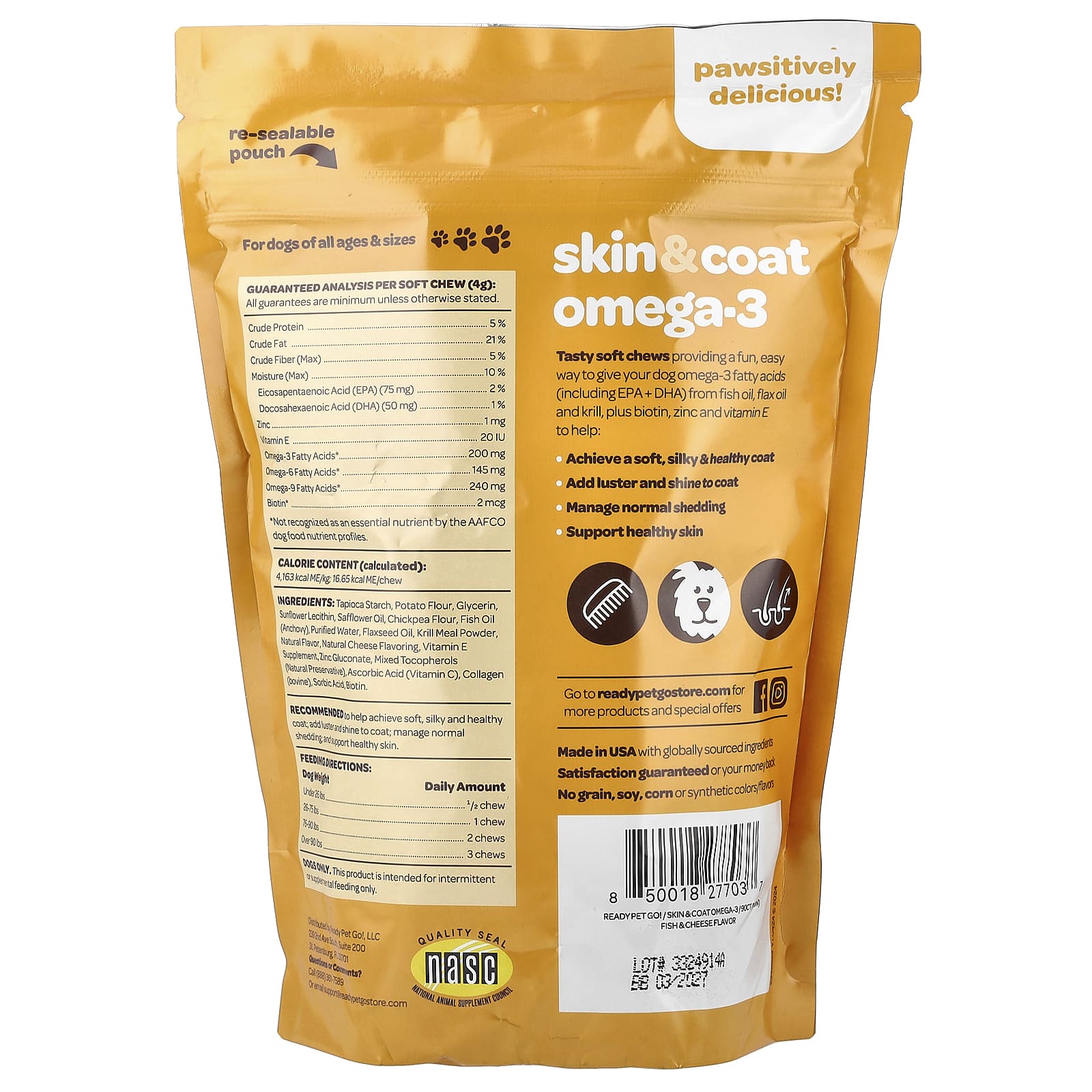 Ready Pet Go, Skin & Coat Omega-3, For Dogs, All Ages, Fish & Cheese, 90 Soft Chews, 12.7 oz (360 g) - Image 2