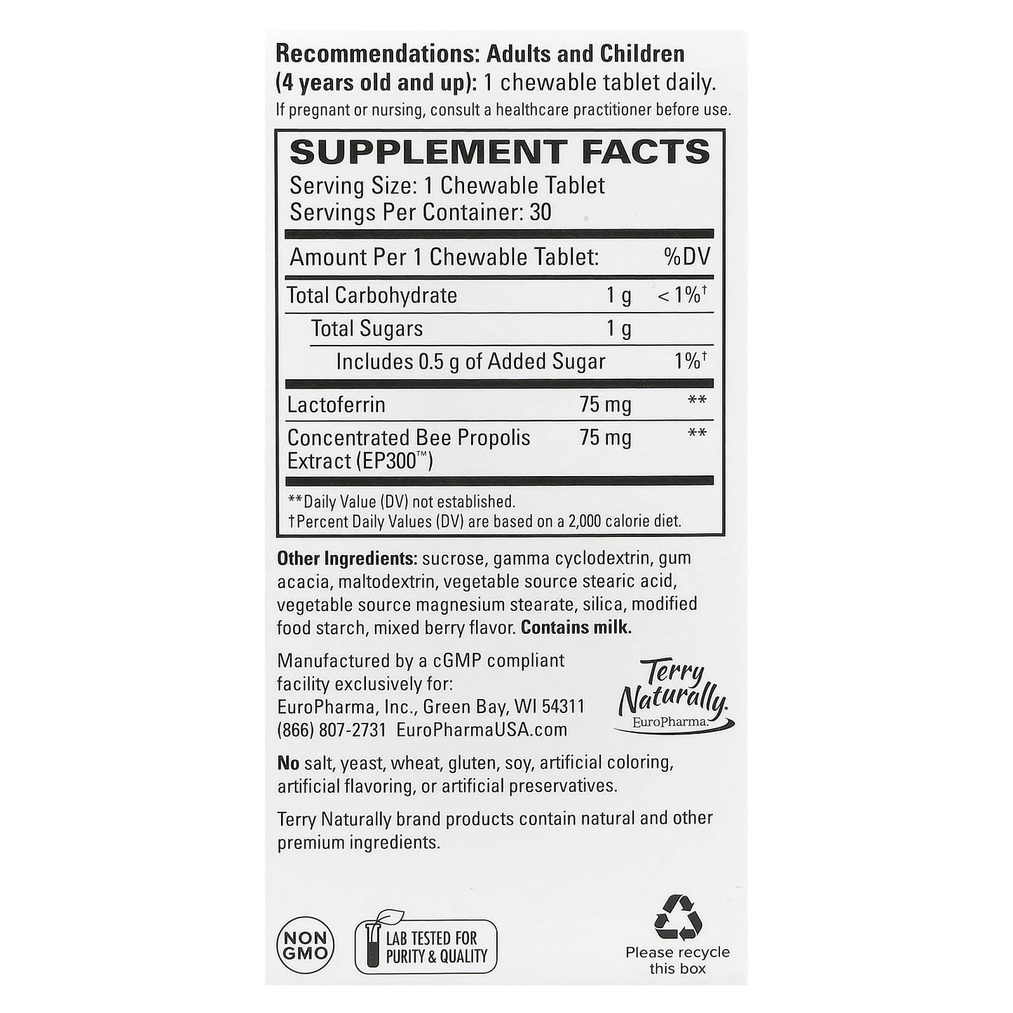 Terry Naturally, Lactoferrin With Propolis Extract, Mixed Berry, 30 Chewable Tablets - Image 2