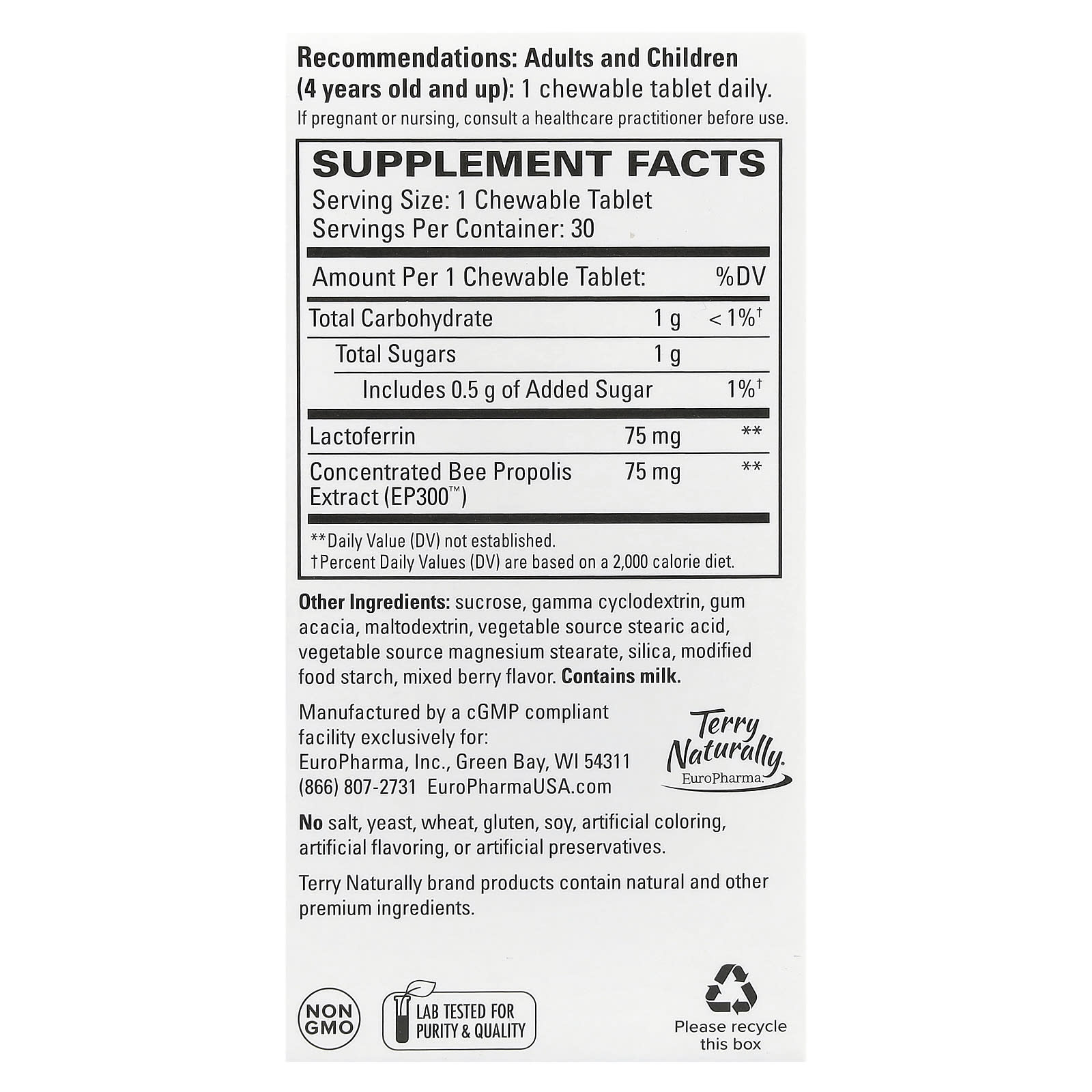 Terry Naturally, Lactoferrin With Propolis Extract, Mixed Berry, 30 Chewable Tablets - Image 2