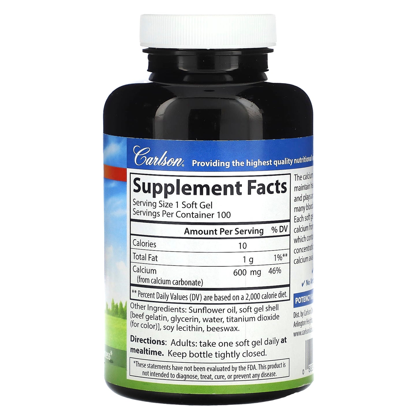 Carlson Liquid Filled Cal-600 Calcium Supplement 600mg 100 Soft Gels - Image 2