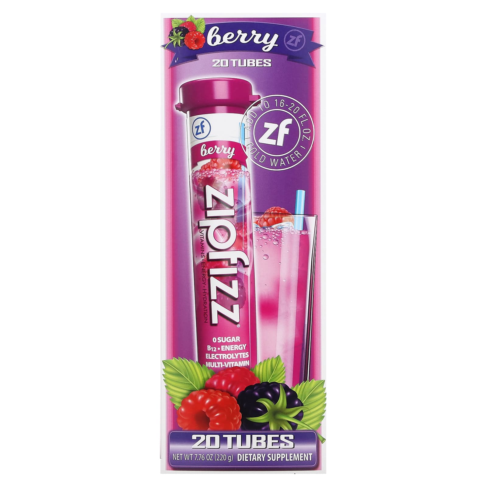 Zipfizz, Energy Drink Mix, Berry, 20 Tubes, 0.39 oz (11 g) Each - Image 1