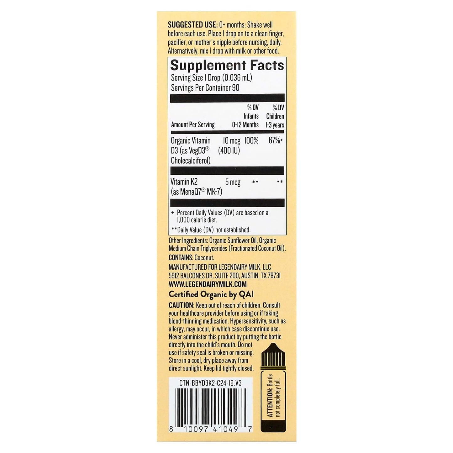 Legendairy Milk, Vitamin D3 & K2 Organic Drops, 0 + Months, 0.1 fl oz (3.24 ml) - Image 2