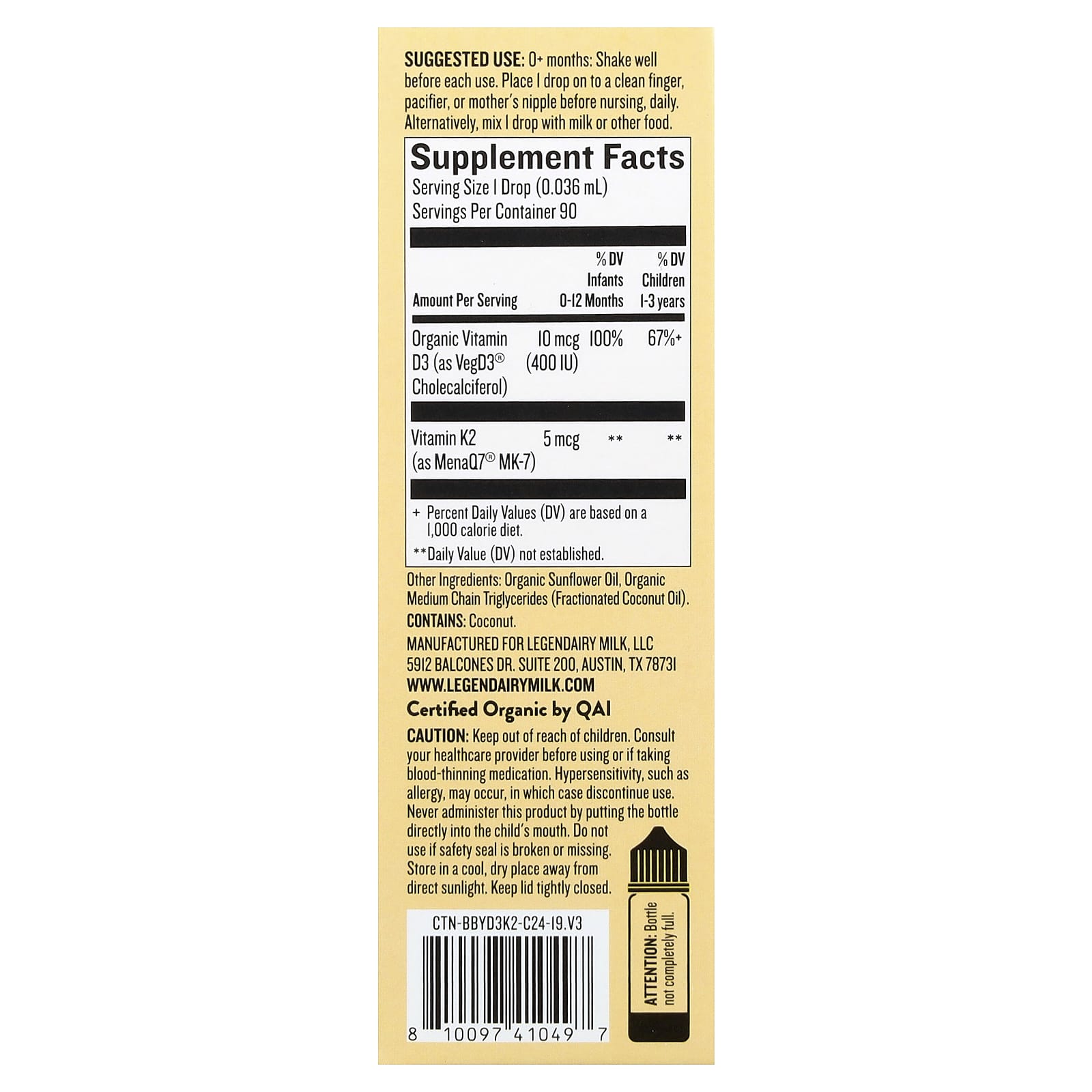 Legendairy Milk, Vitamin D3 & K2 Organic Drops, 0 + Months, 0.1 fl oz (3.24 ml) - Image 2