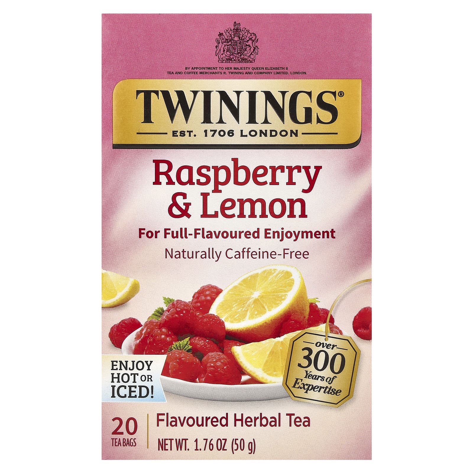 Twinings, Herbal Tea, Raspberry & Lemon, Caffeine-Free, 20 Tea Bags, 1.76 oz (50 g) - Image 1