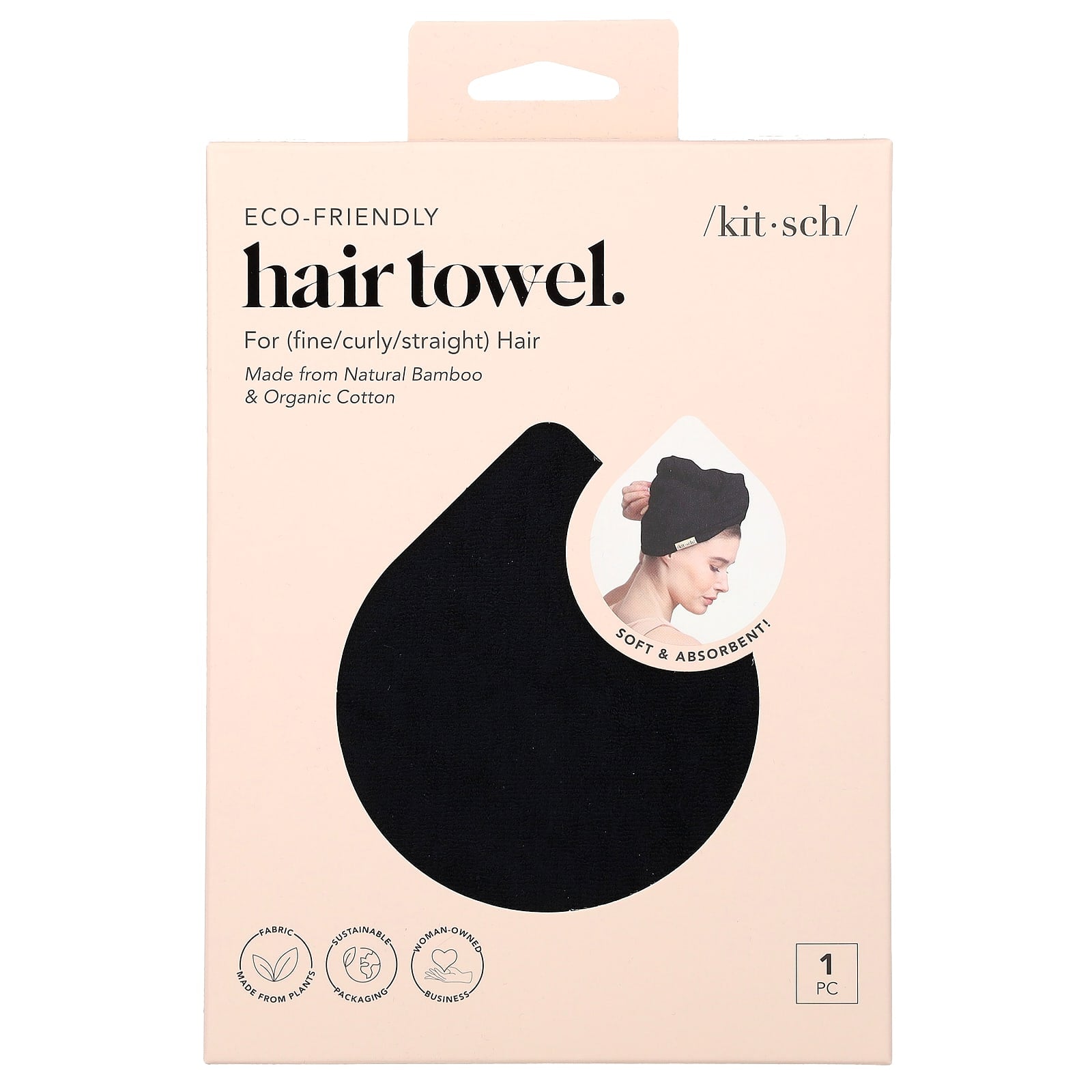 Kitsch, Eco-Friendly Hair Towel, Black, 1 Piece - Image 1